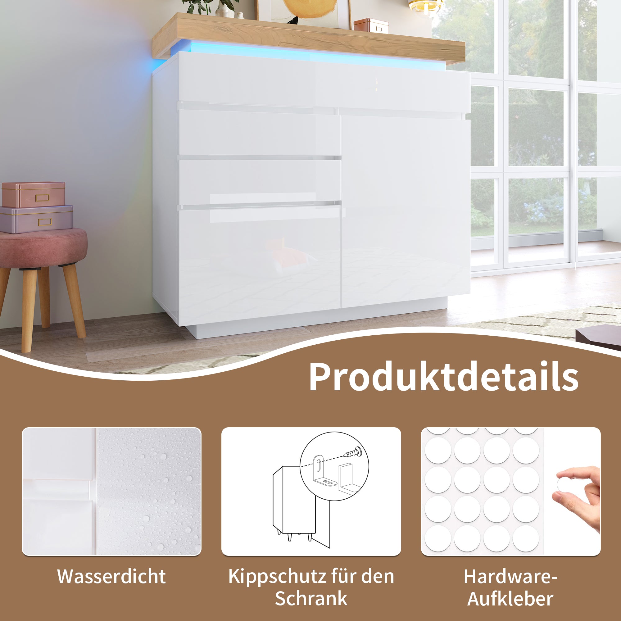 Logidon high gloss chest of drawers white LED lighting app control 2 doors