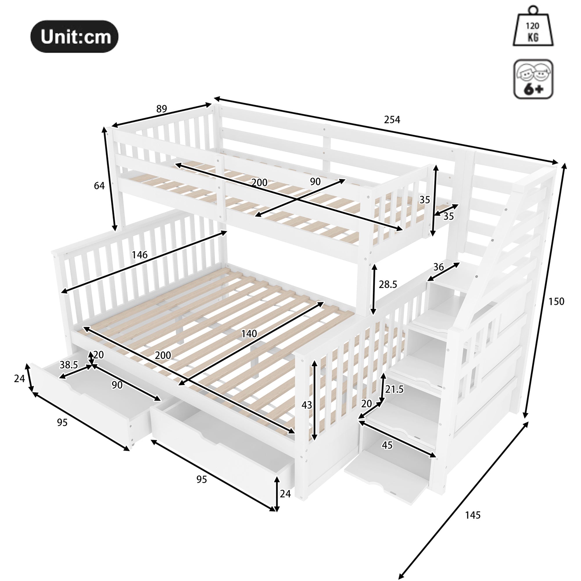 Logidon stapelbed 90x200 ruim 140x200 met opbergruimte wit