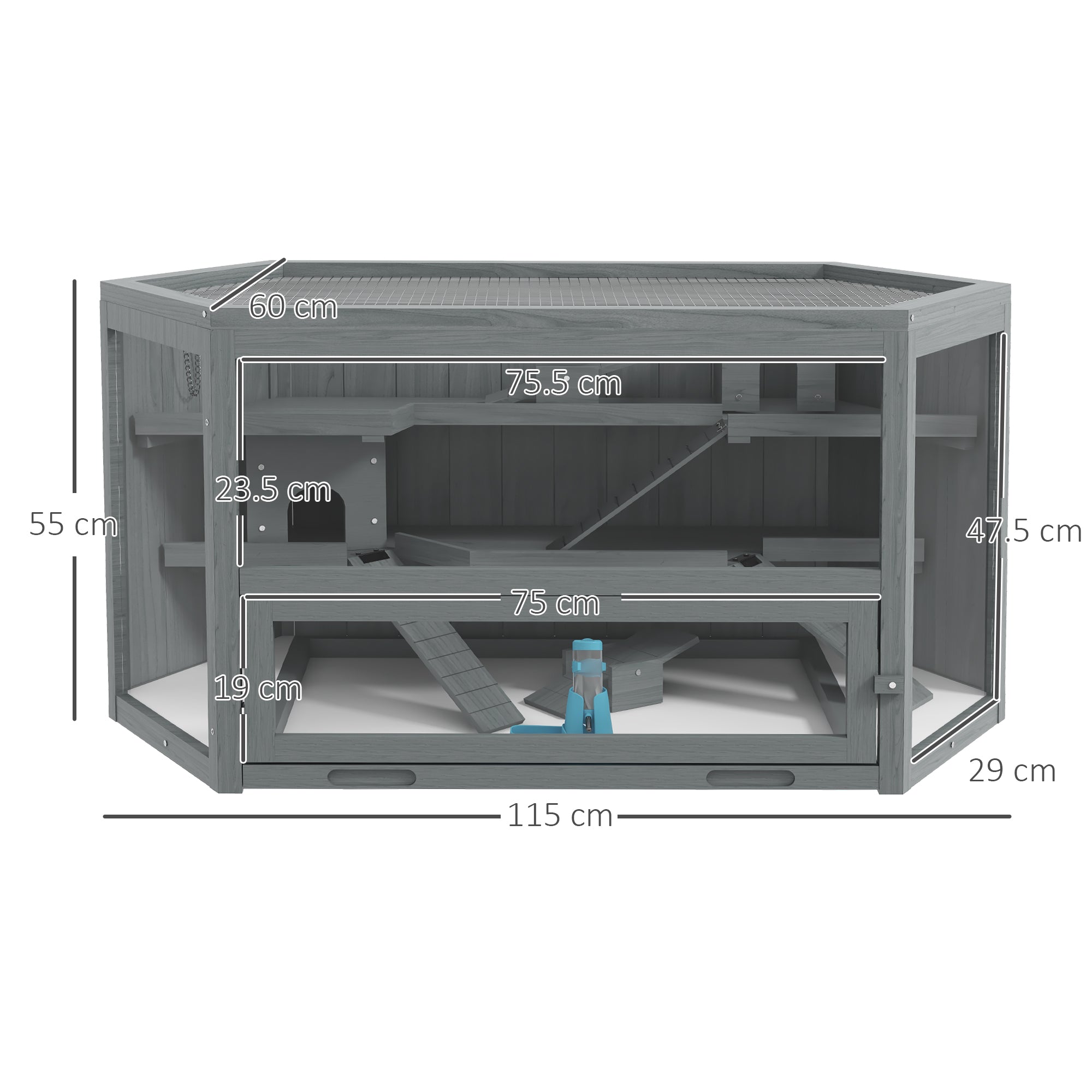 Logidon 3-laags houten knaagdierenkooi grijs 115x60x55 cm