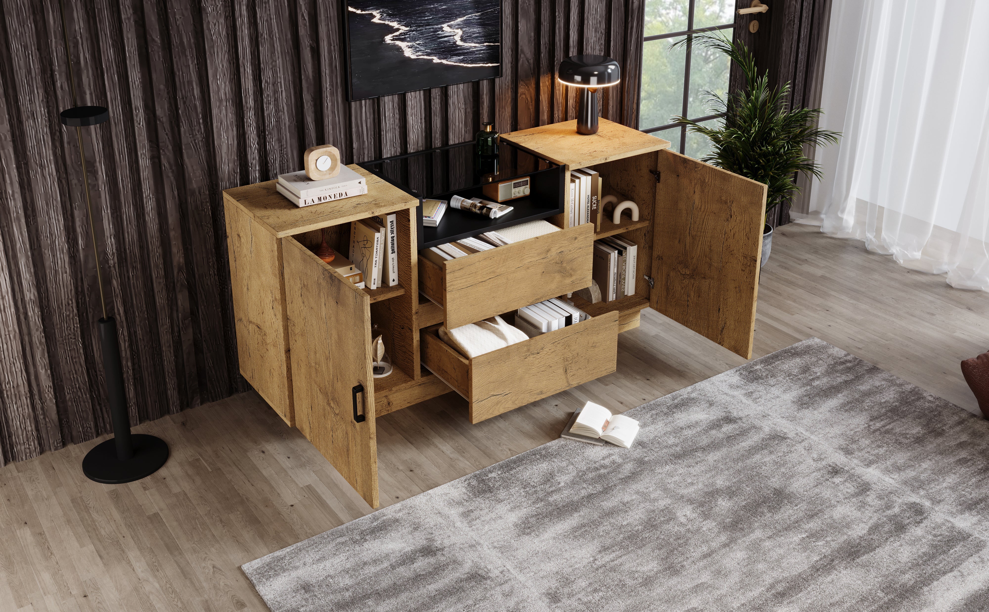 Logidon oak look chest of drawers sideboard 2 drawers 2 cupboards H70