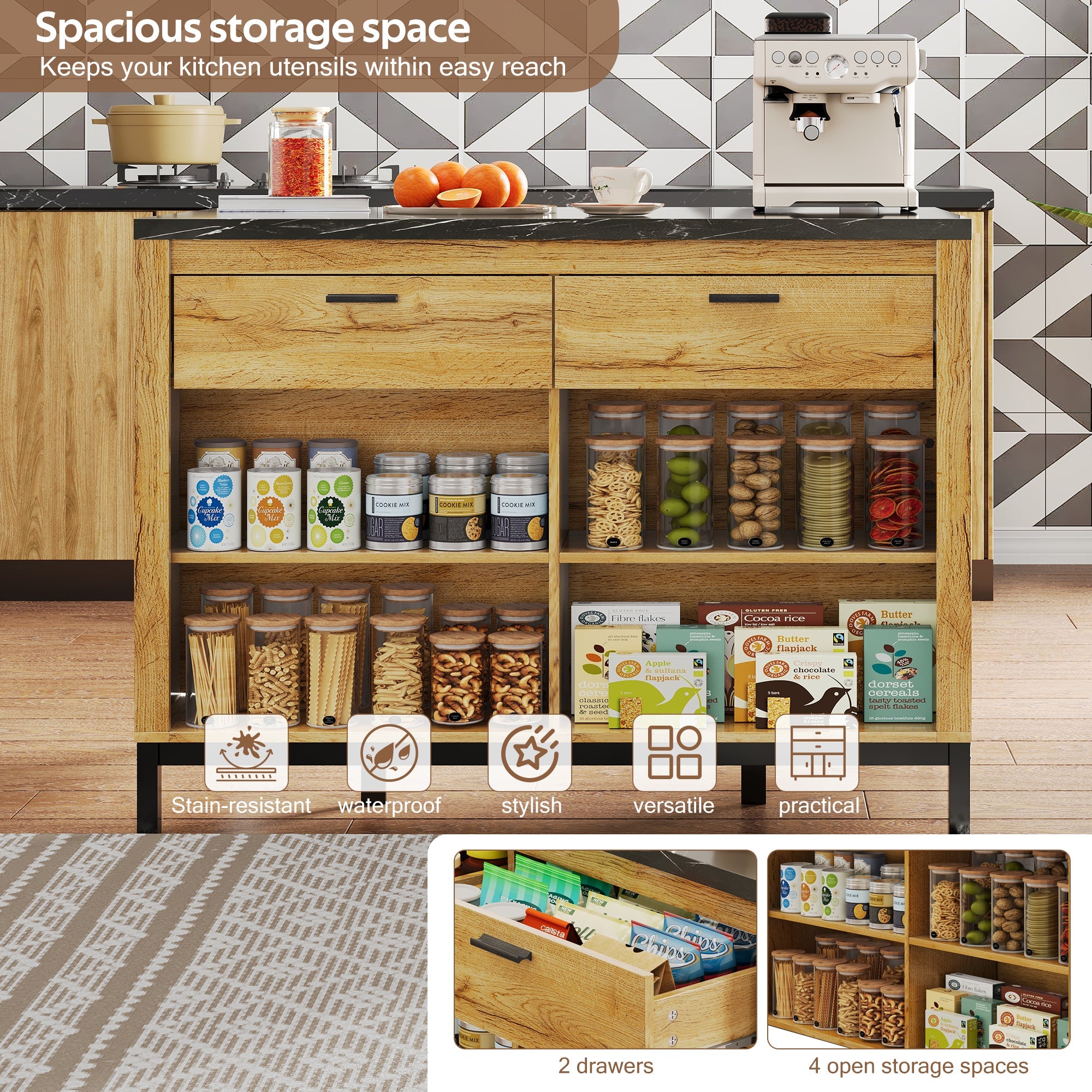 Logidon kitchen island country house style 120x75x90 cm with 2 drawers and 4 shelves