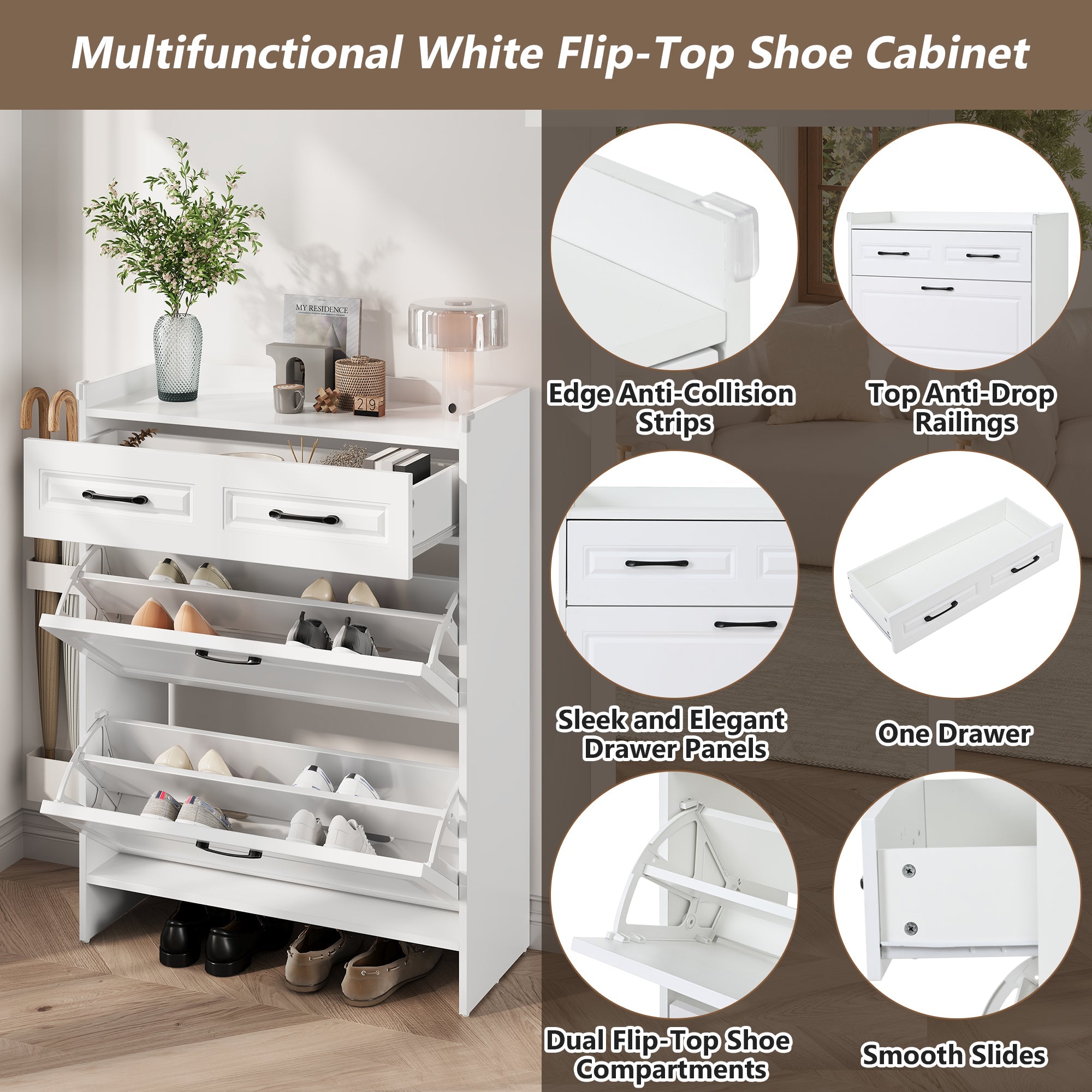 Logidon shoe cabinet white MDF 80 x 34 x 107.5 cm with 4 compartments and 1 drawer