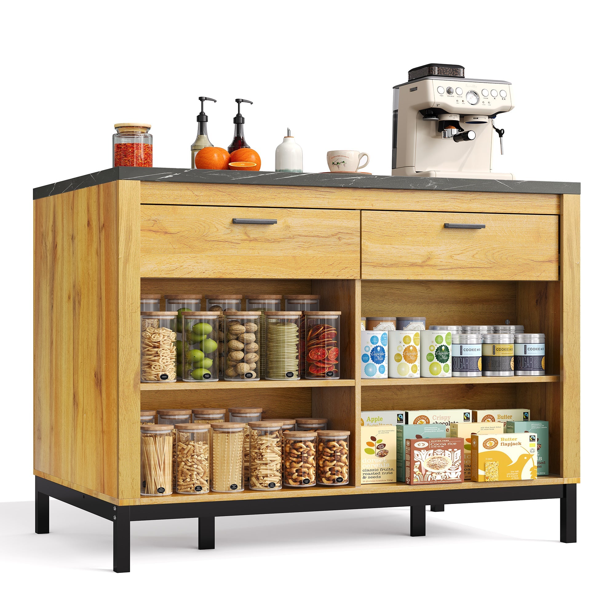 Logidon kitchen island country house style 120x75x90 cm with 2 drawers and 4 shelves