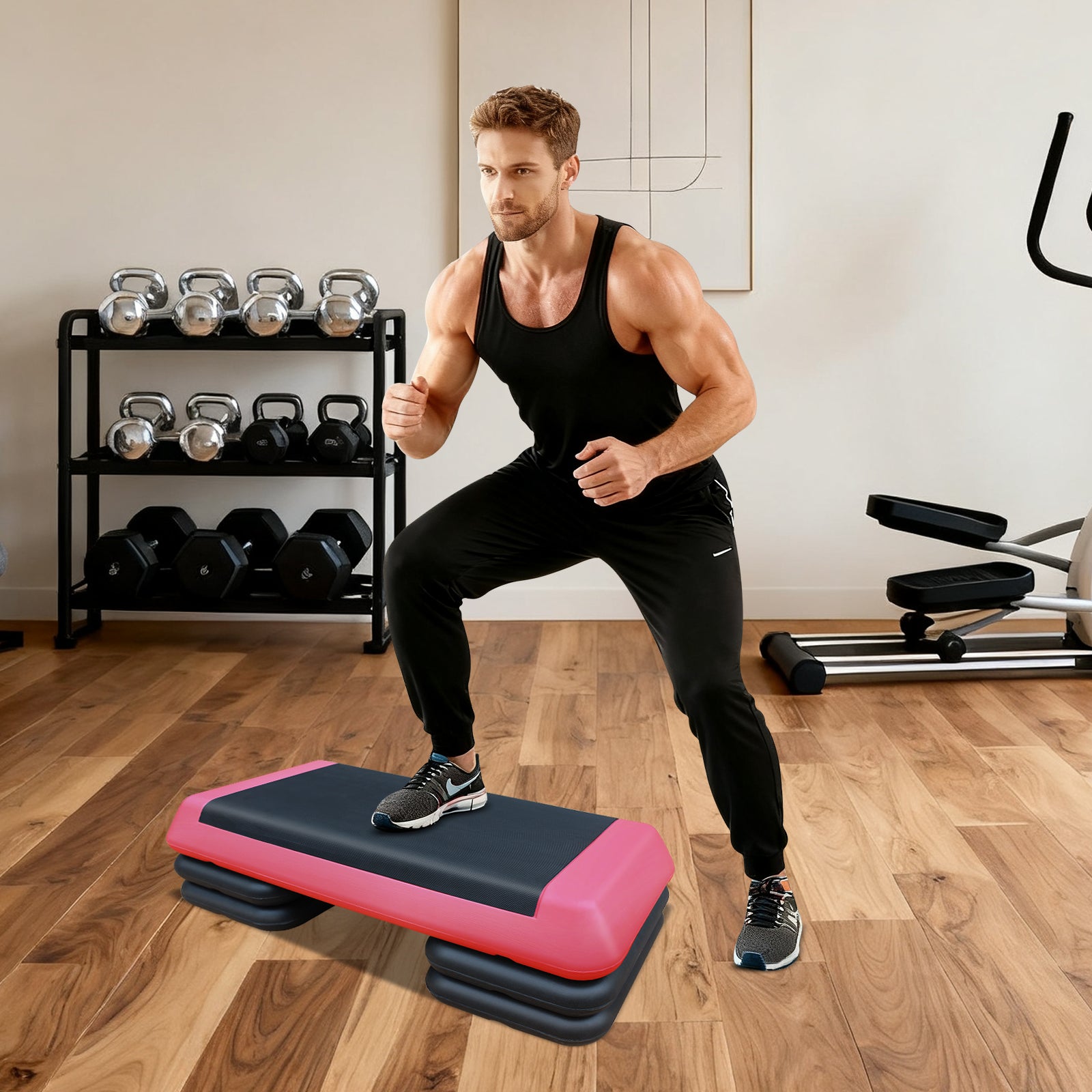 Logidon Verstelbare Aerobic Stepper 76 cm Rood Zwart 4 Verhogers