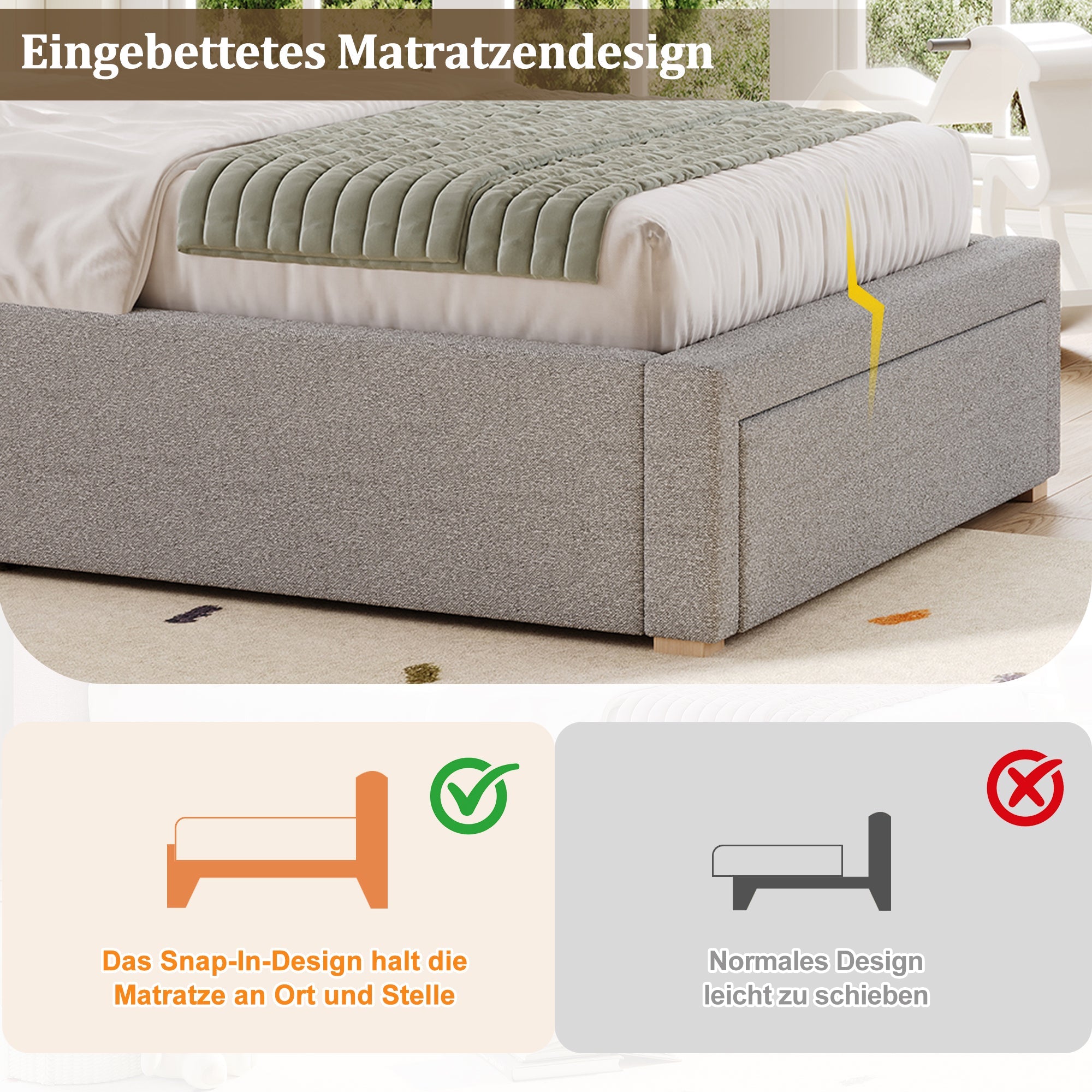 Logidon gestoffeerd bed 90x200 cm functioneel bed grote lade grijze chenille