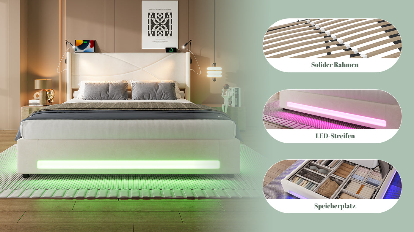 Logidon bedframe 160x200 cm beige fluweel met opbergruimte LED