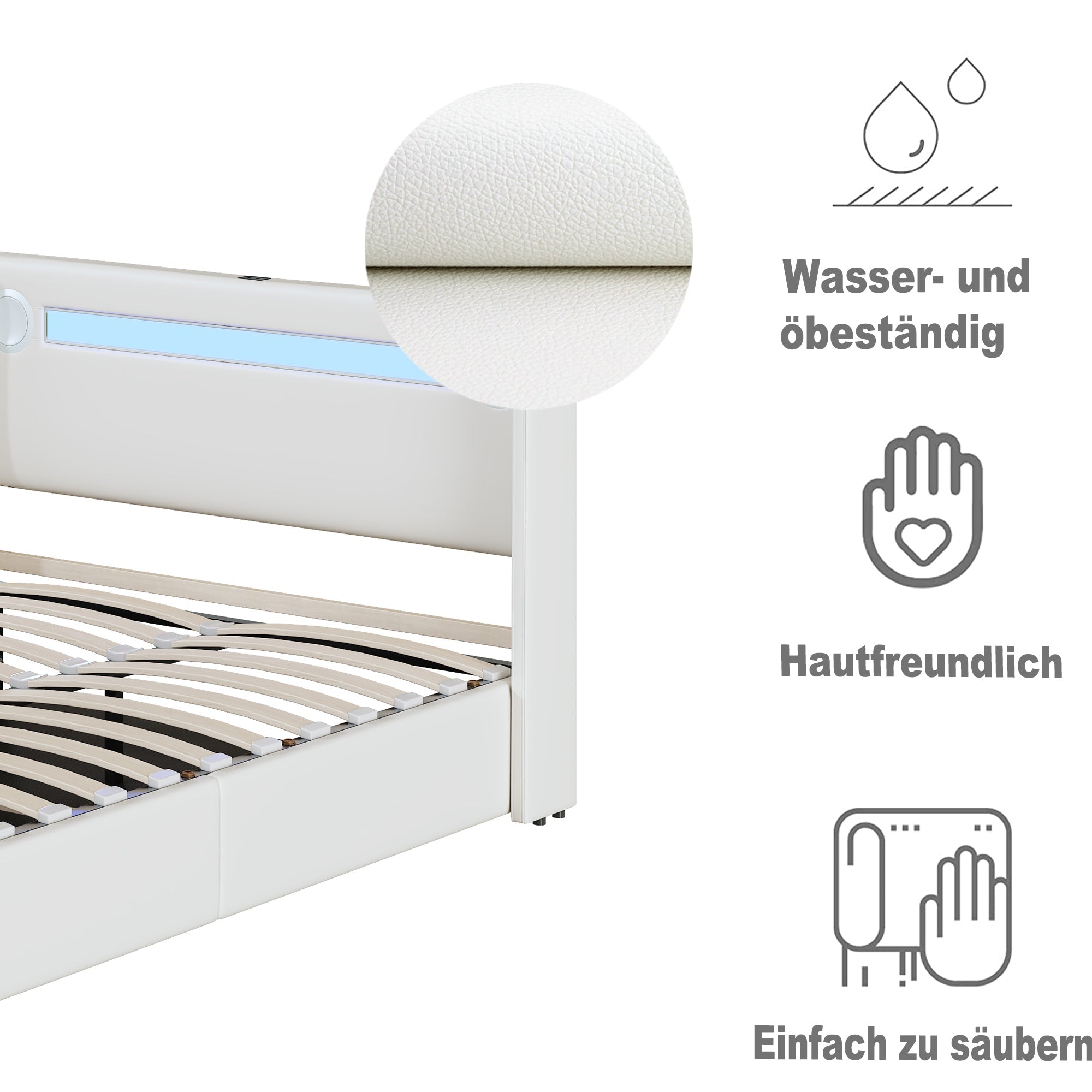 Logidon gestoffeerd bed 140x200 wit LED-licht USB Bluetooth opbergruimte