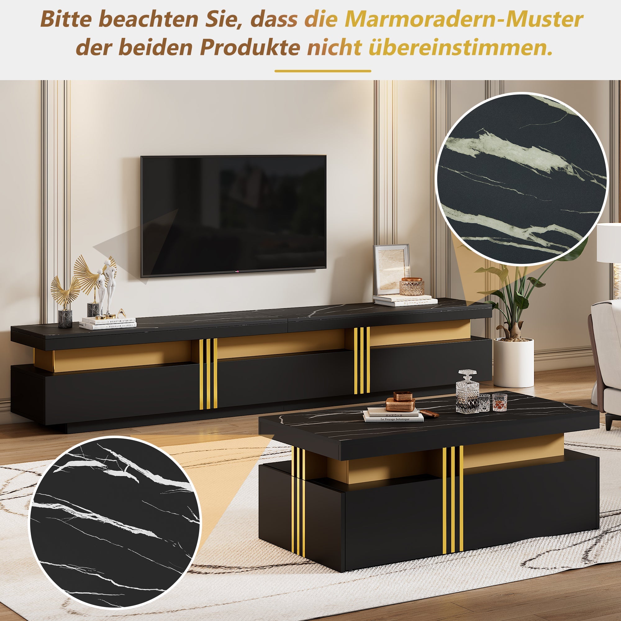 Logidon Zwarte tv-wandmeubelset 2 tv-kast salontafel marmerlook