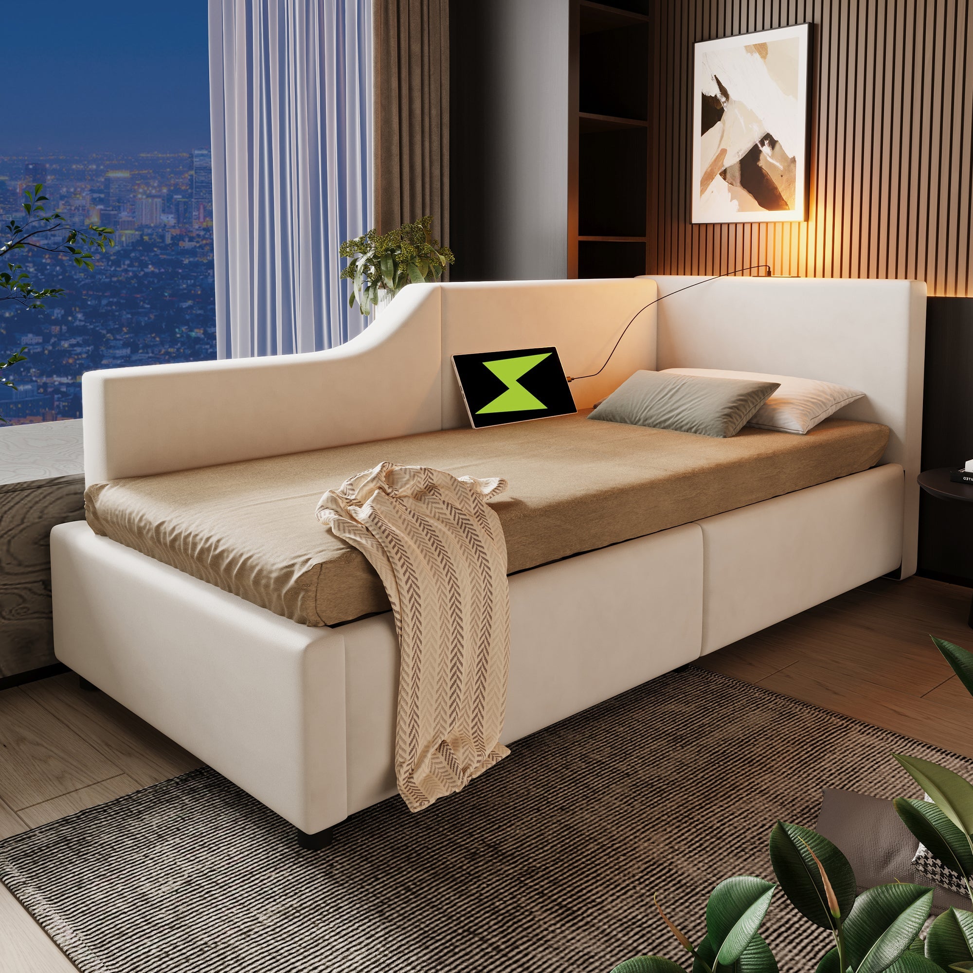 Logidon gestoffeerd bed 90x200 beige fluweel met opbergruimte USB oplaadfunctie