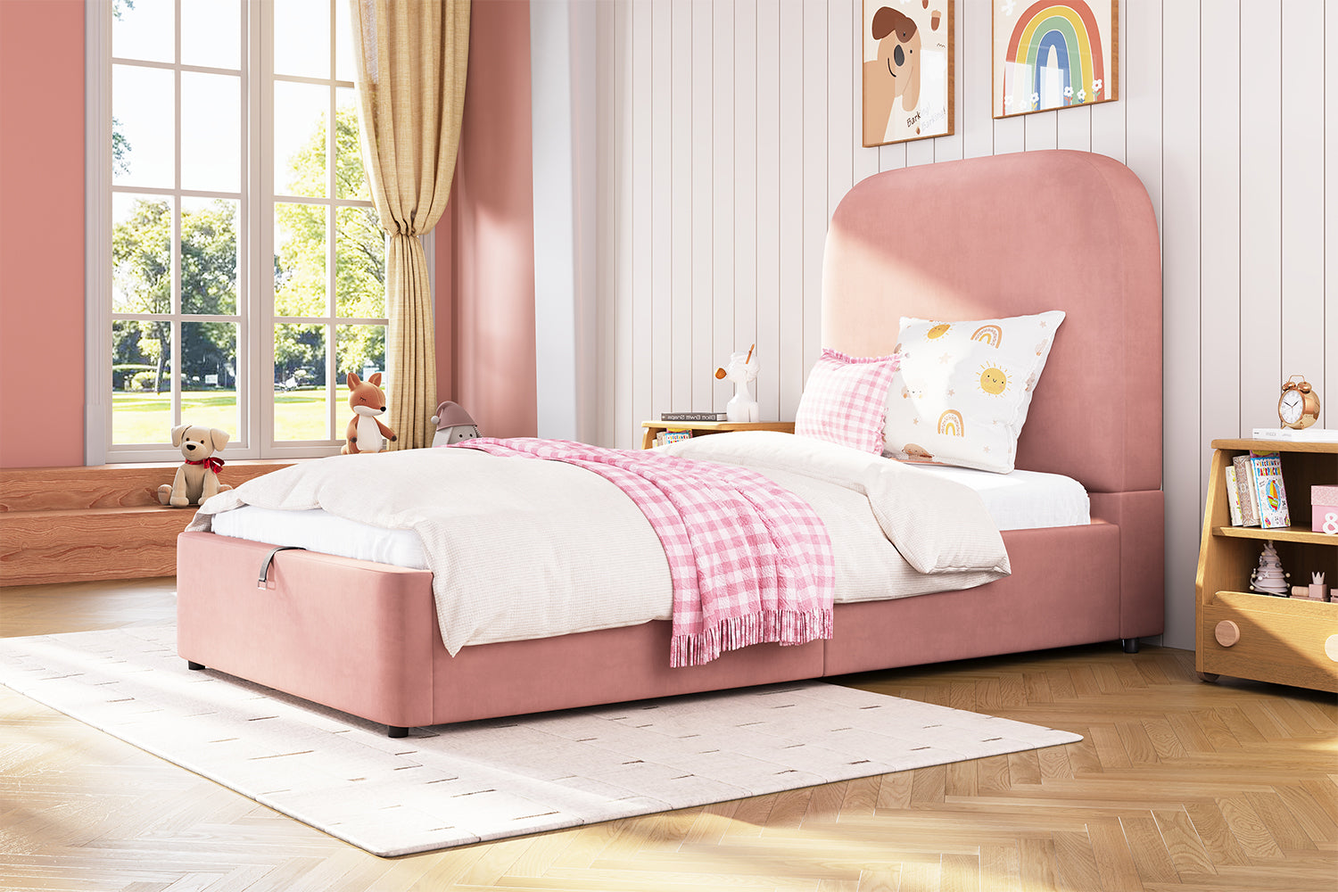 Logidon gestoffeerd bed 90x200 roze hydraulisch met opbergruimte fluweel