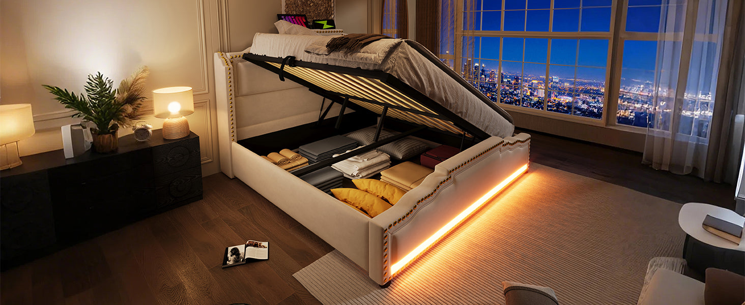 Logidon gestoffeerd bed 140x200 beige fluweel met opbergruimte LED USB C
