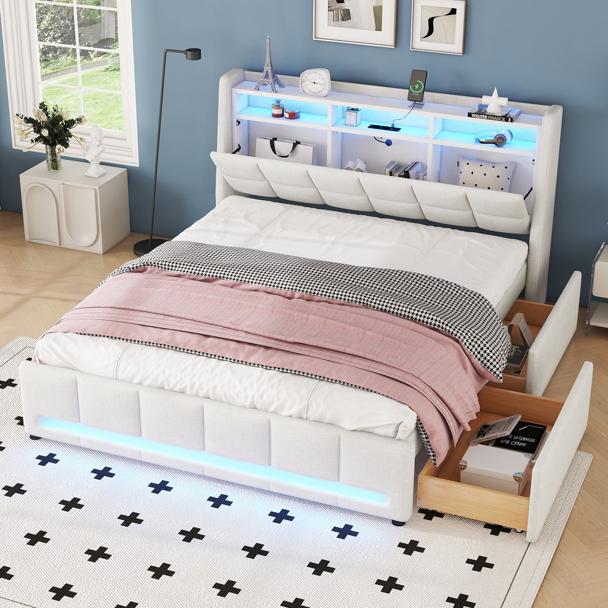 Logidon gestoffeerd bed 140x200 beige met LED-licht en app afstandsbediening