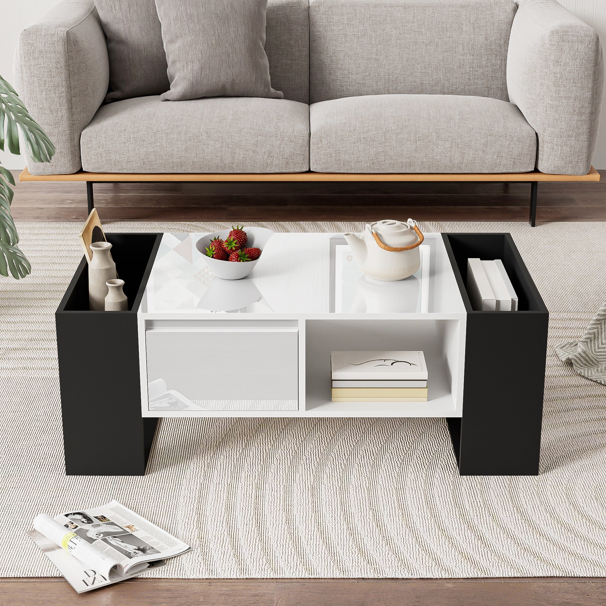 Logidon Moderne salontafel 105x60x40,5 cm hoogglans zwart en witte lade