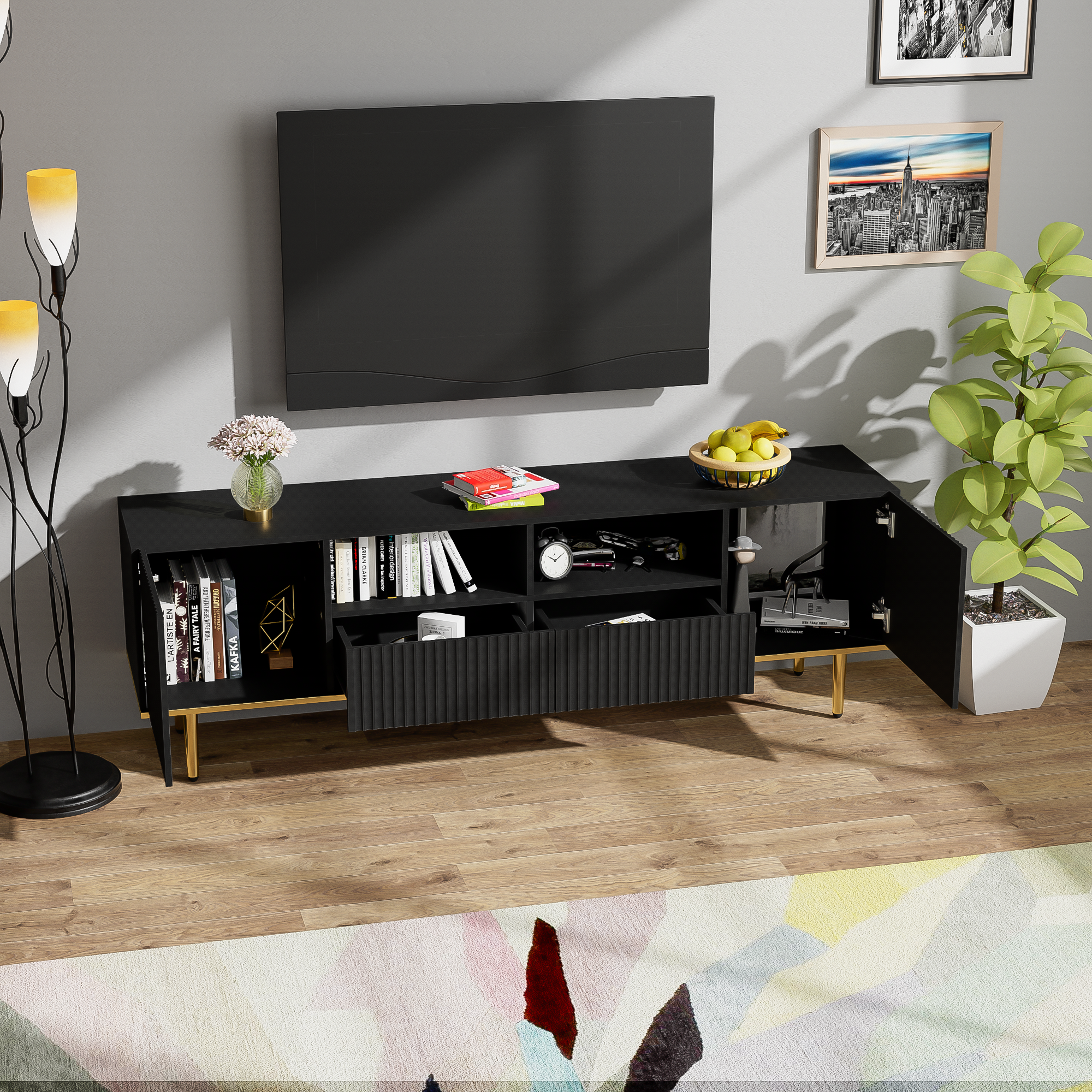 Logidon Modern TV-meubel 165 cm Zwart met Gouden Voeten en Rand