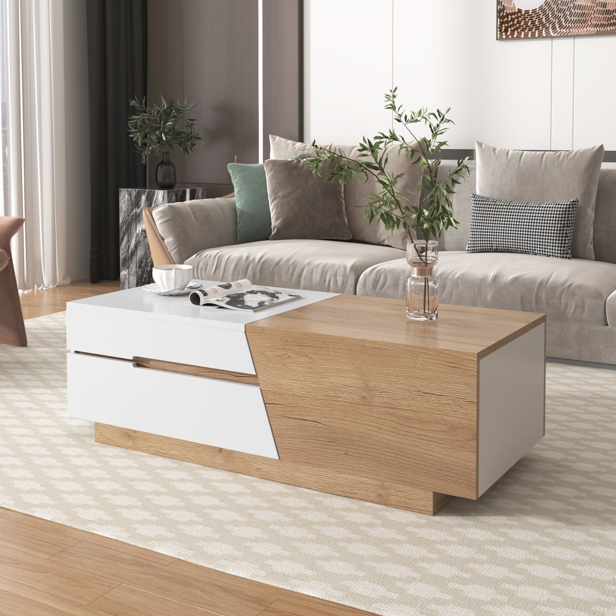 Logidon Uitschuifbare salontafel 120x50 natuurlijke lades kleurblokstructuur