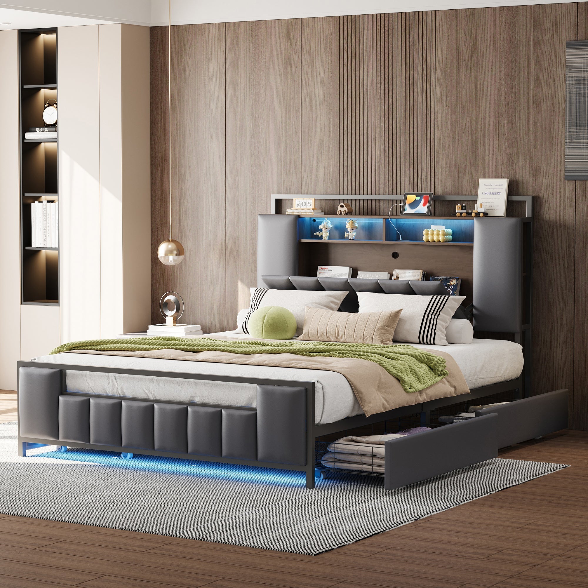 Logidon gestoffeerd bed 160x200 cm grijs kunstleer met LED USB-laden