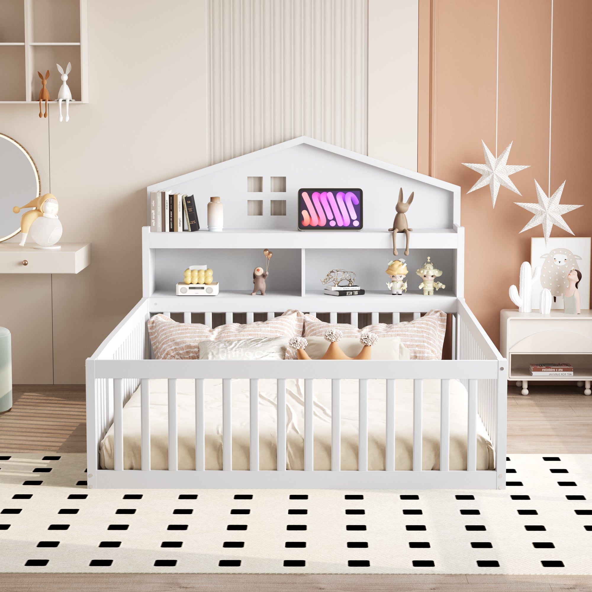 Logidon kinderbed 140x200 huisvorm wit met opbergruimte en lattenbodem