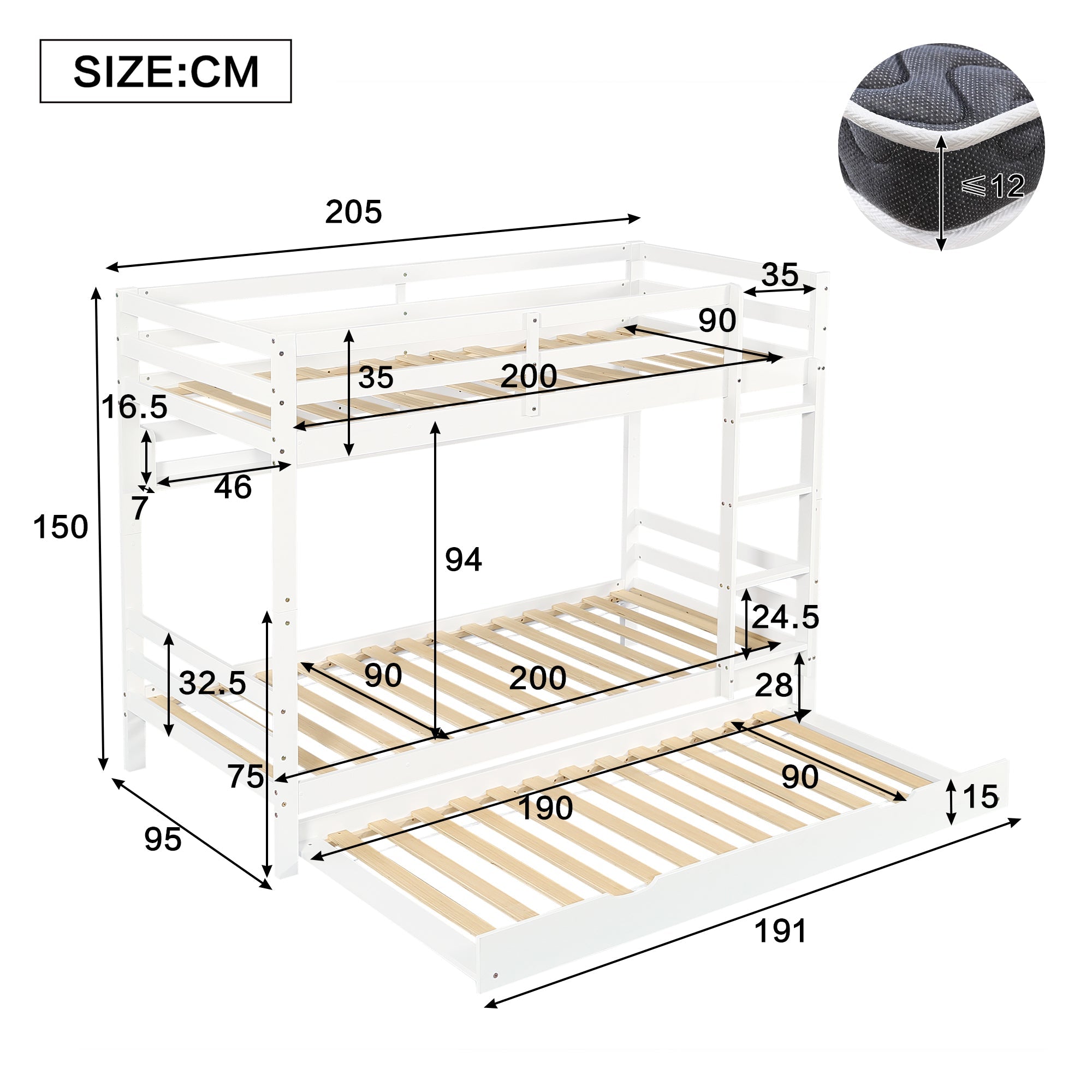 Logidon Kinderstapelbed 90x200cm Uitschuifbed op wielen Wit