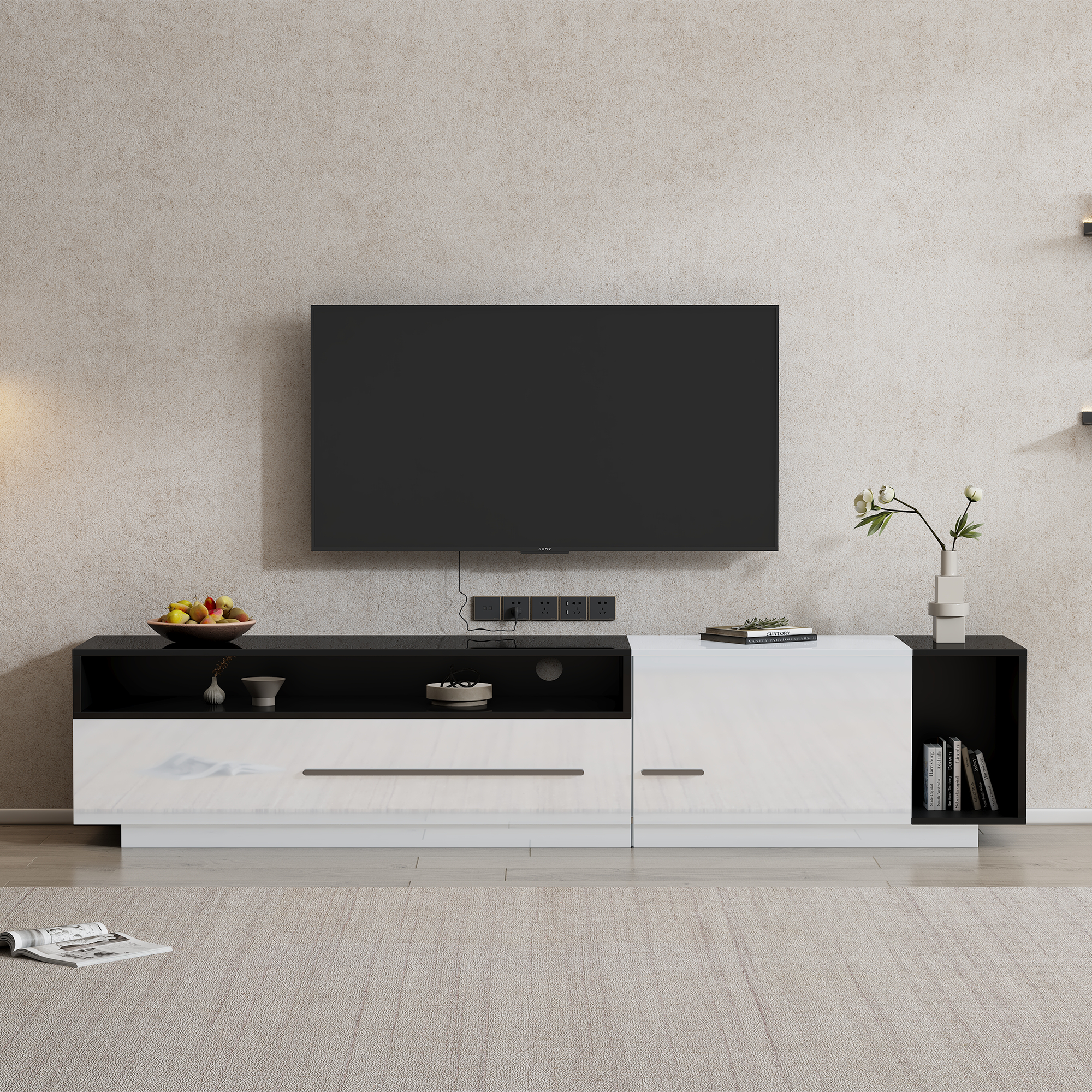 Logidon hoogglans TV-meubel 170 cm zwart wit met ladedeur