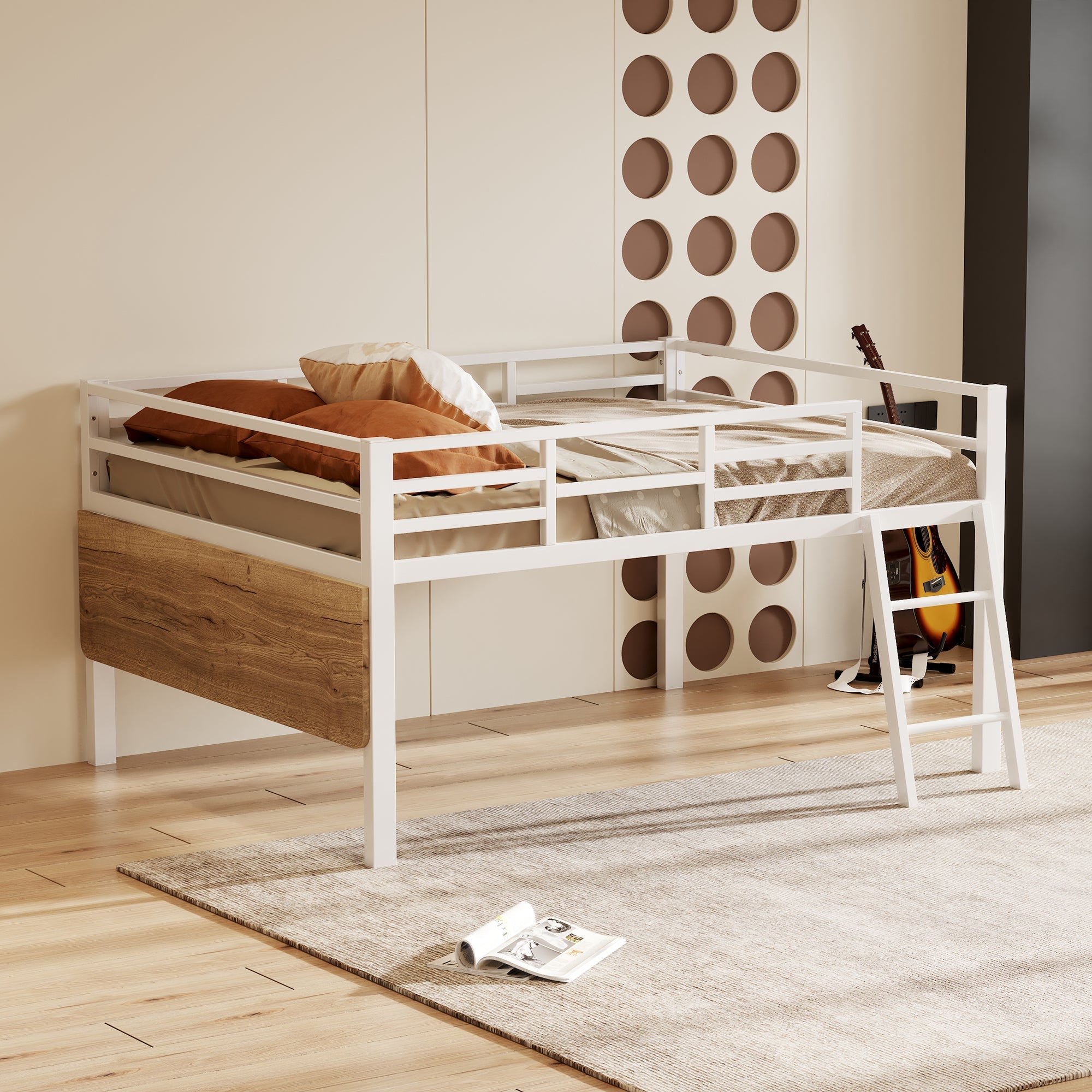 Logidon vlakbed metalen bed 140x200 witte reling LED-lichtstrip