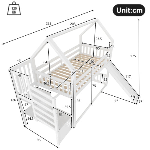 Logidon stapelbed met opbergtrap en glijbaan 90x200 wit