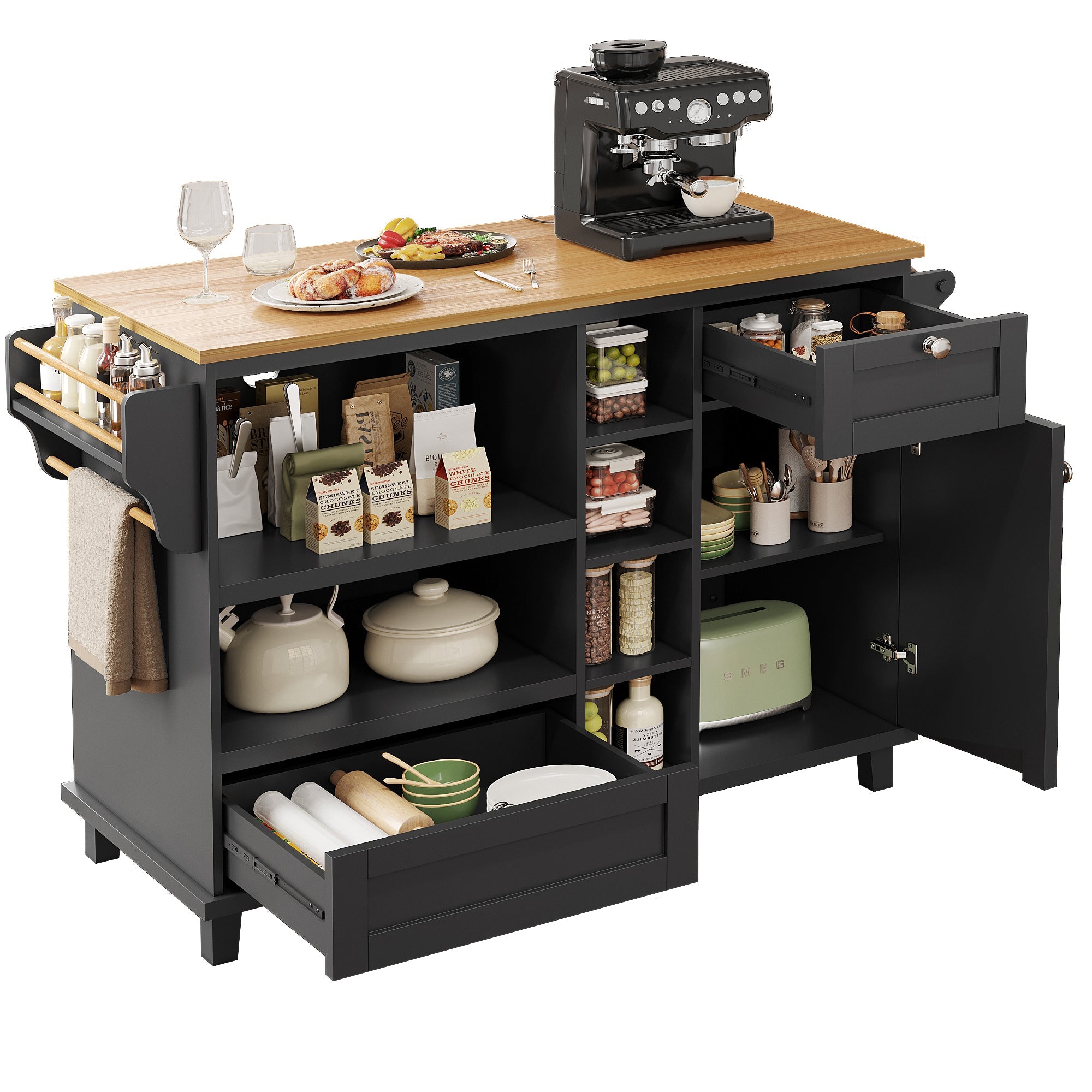 Logidon dining room trolley black with wooden top, drawers and cupboards