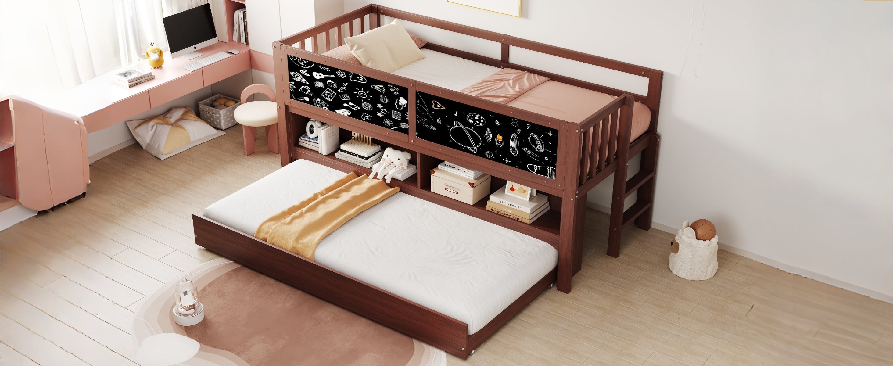 Logidon House Bed 90x200 Bruin Uitschuifbare onderbed-klimladder