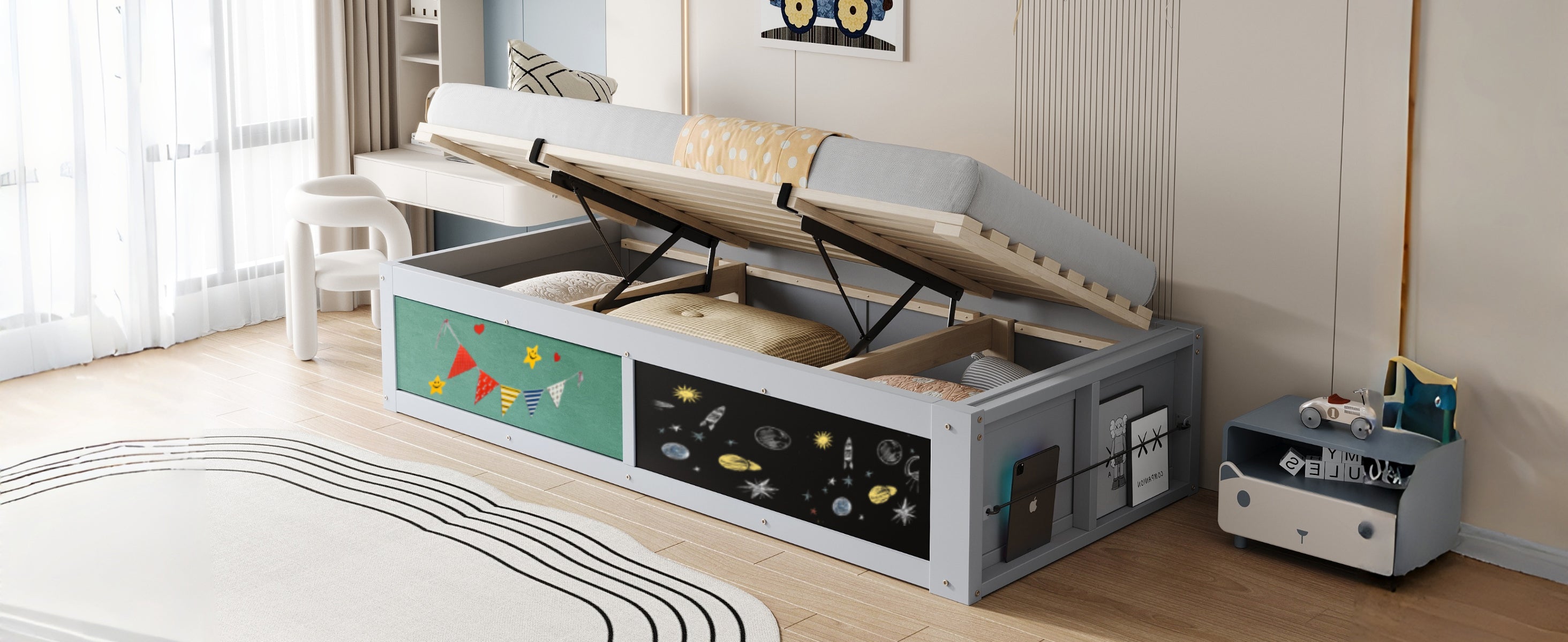 Logidon Kinderbed 90x200 cm met hydraulische opbergruimte Grijs
