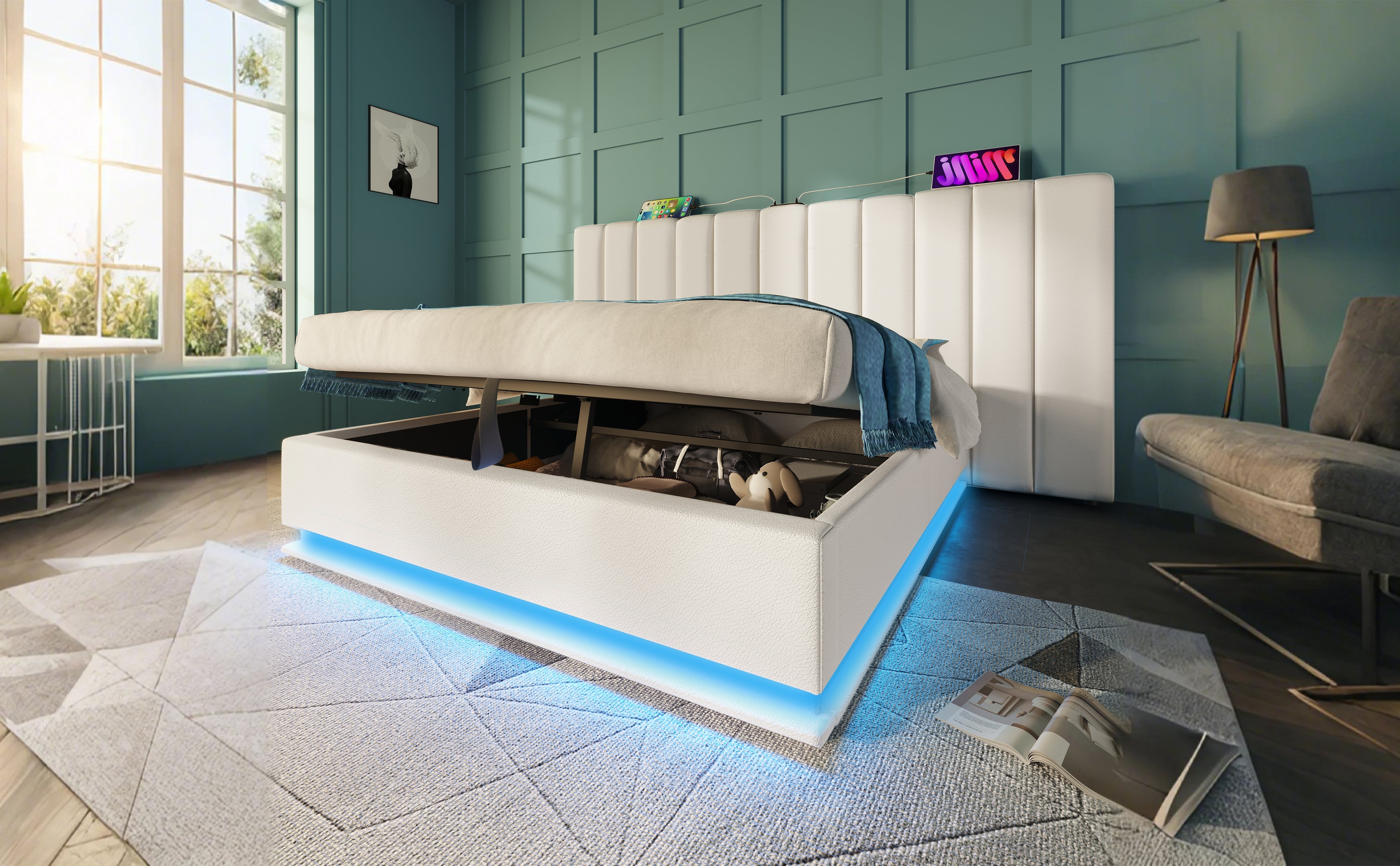 Logidon gestoffeerd bed 160x200 wit app bediening LED USB oplaadfunctie
