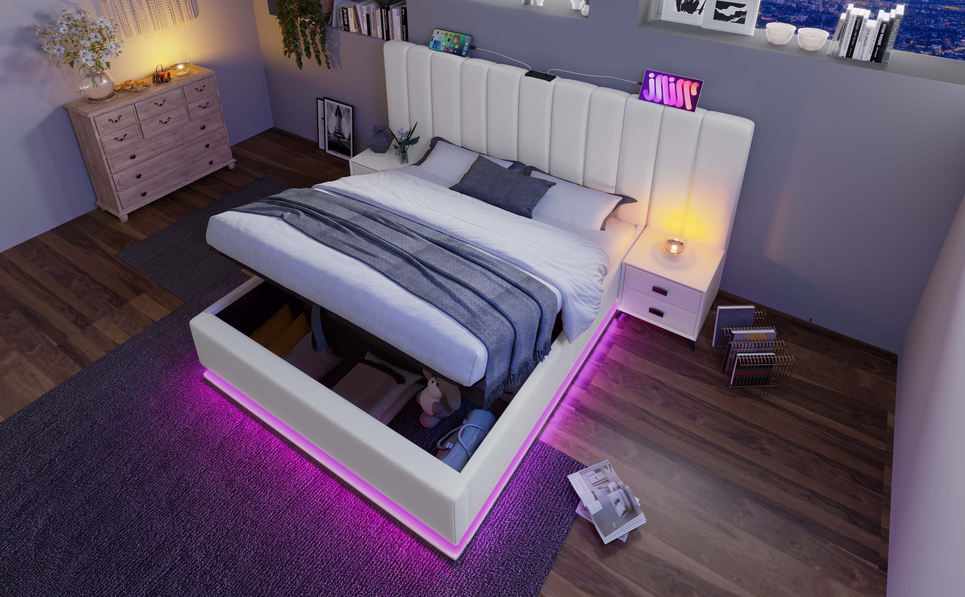 Logidon gestoffeerd bed 160x200 wit app bediening LED USB oplaadfunctie