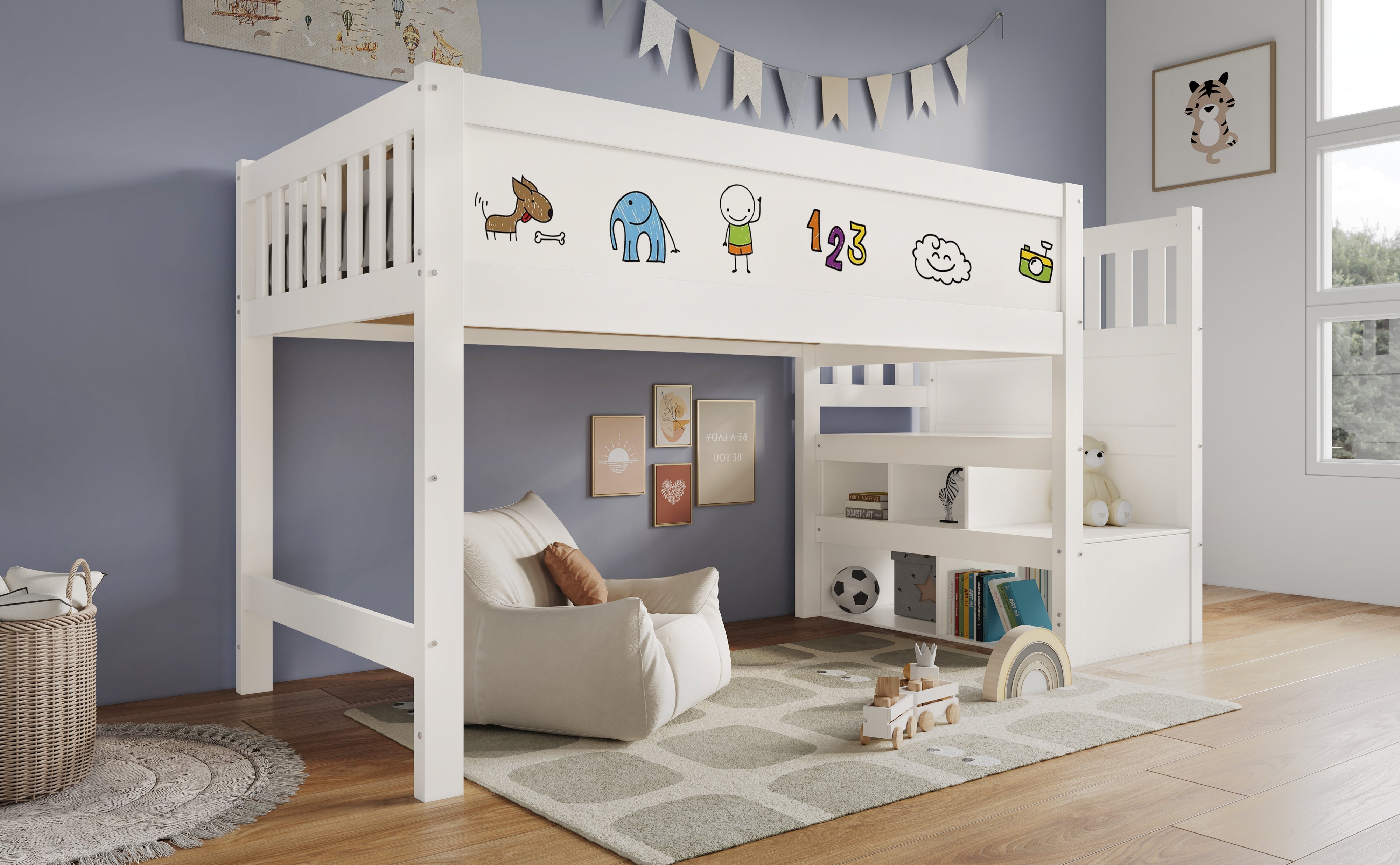 Logidon hoogslaper 90x200 kinderbed met whiteboard wit