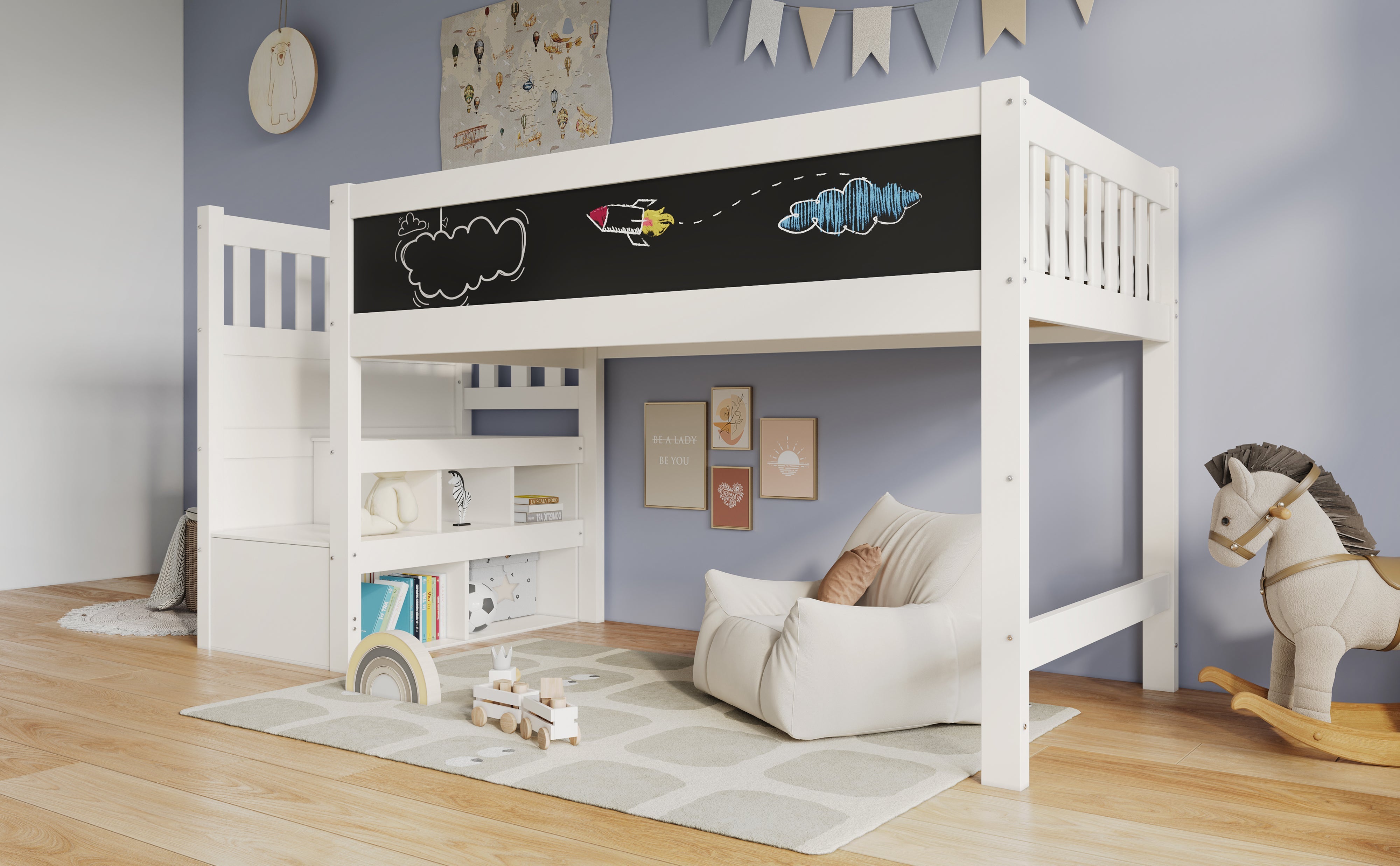 Logidon hoogslaper 90x200 kinderbed met whiteboard wit