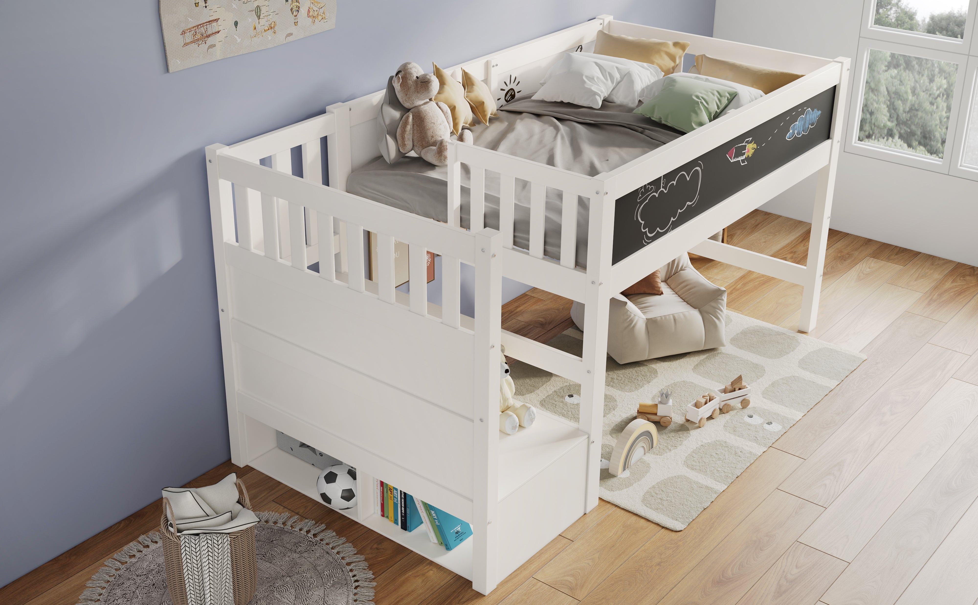 Logidon hoogslaper 90x200 kinderbed met whiteboard wit