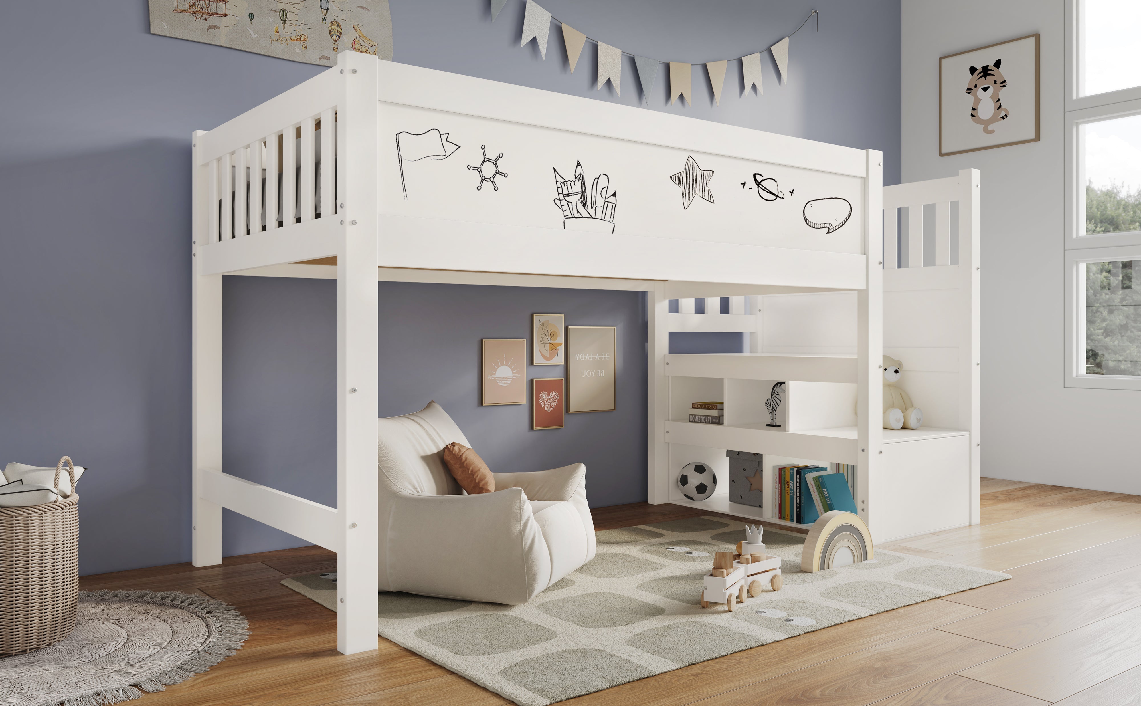 Logidon hoogslaper 90x200 kinderbed met whiteboard wit