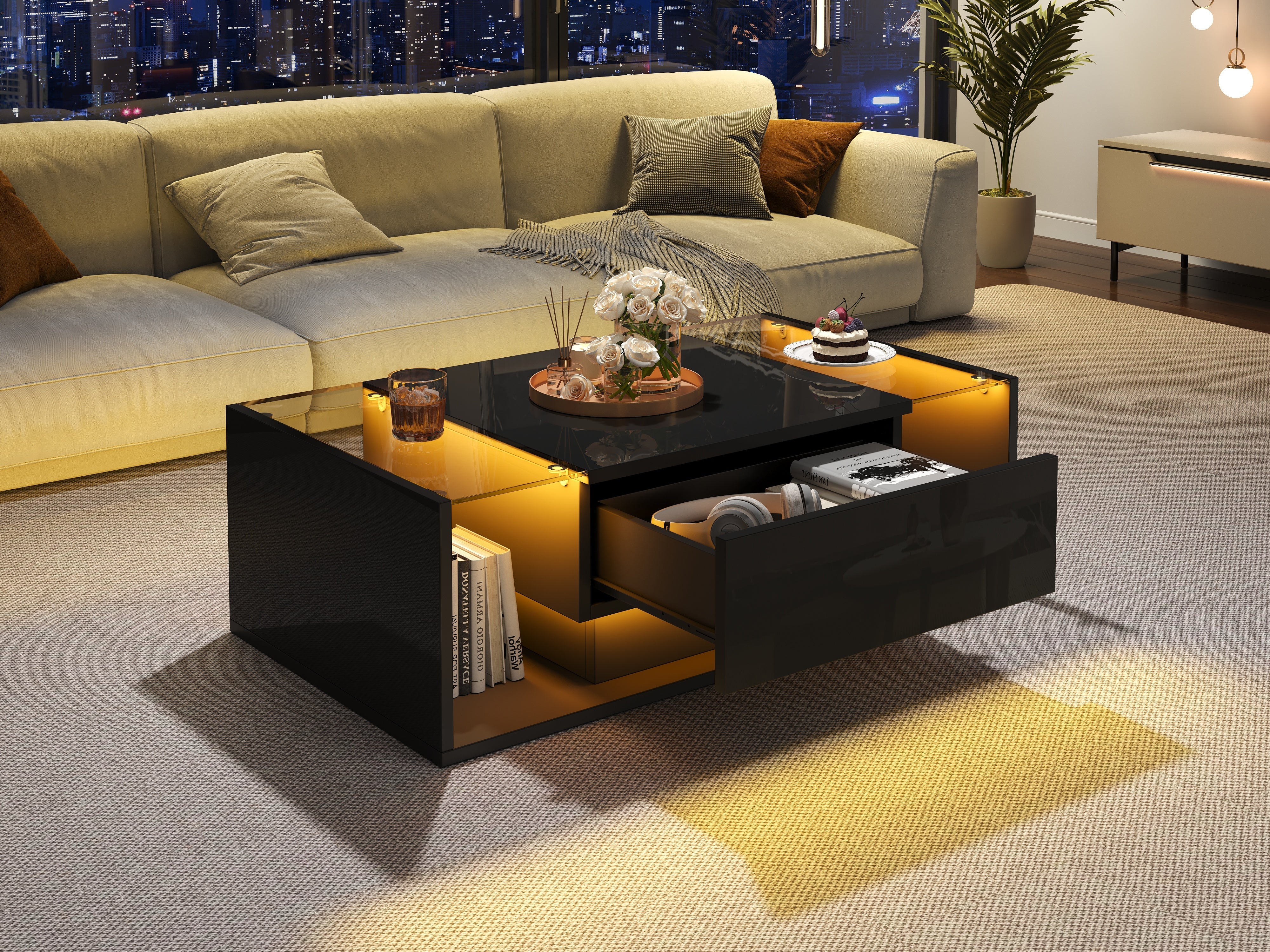 Logidon Zwarte hoogglans salontafel 100x50x31 cm met lade LED lichtstrip
