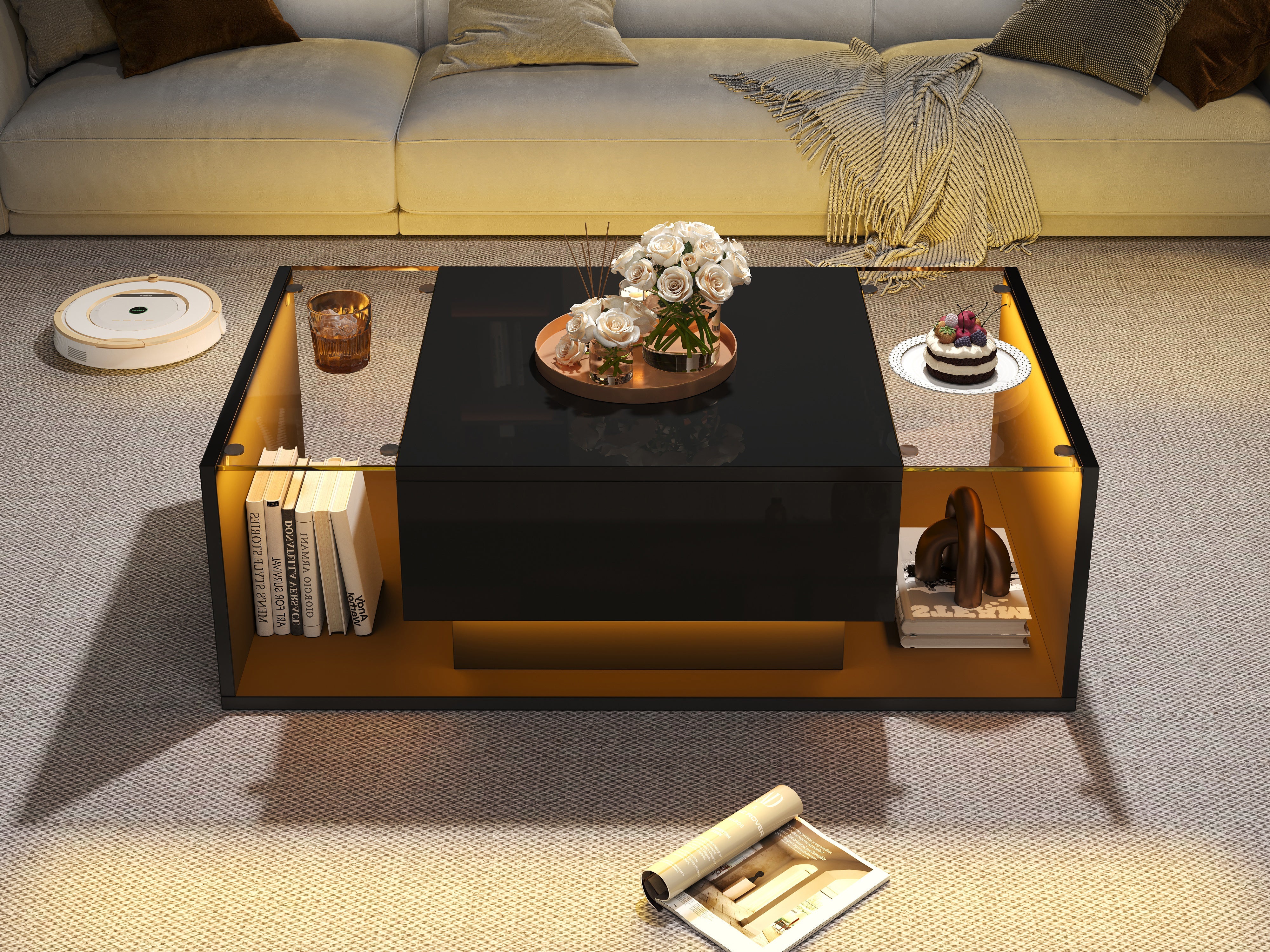 Logidon Zwarte hoogglans salontafel 100x50x31 cm met lade LED lichtstrip