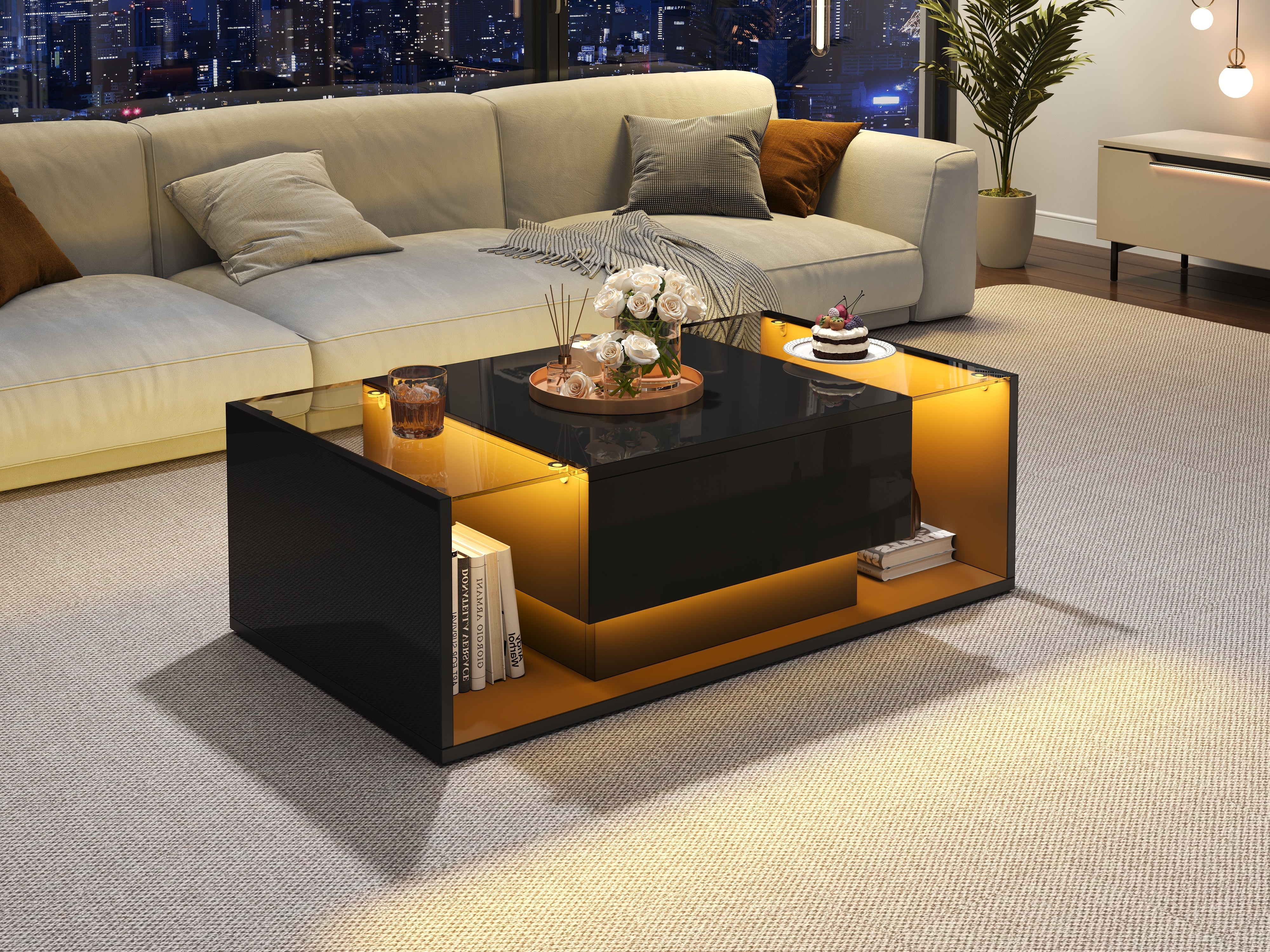 Logidon Zwarte hoogglans salontafel 100x50x31 cm met lade LED lichtstrip