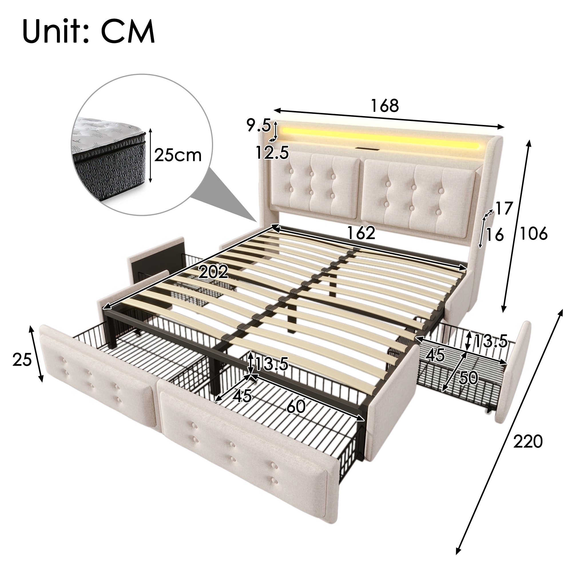 Logidon gestoffeerd bed 160x200 beige LED hoofdbord USB C oplaadfunctie 4 lades