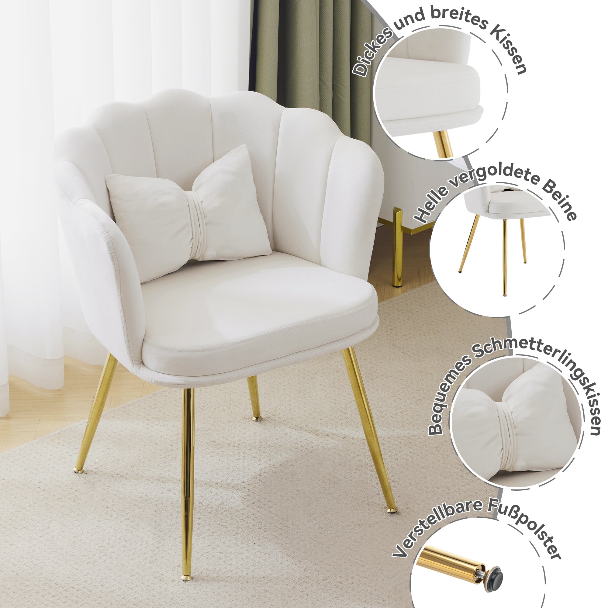 Logidon set van 2 fluwelen stoelen met beige bloemblaadjes en gouden poten