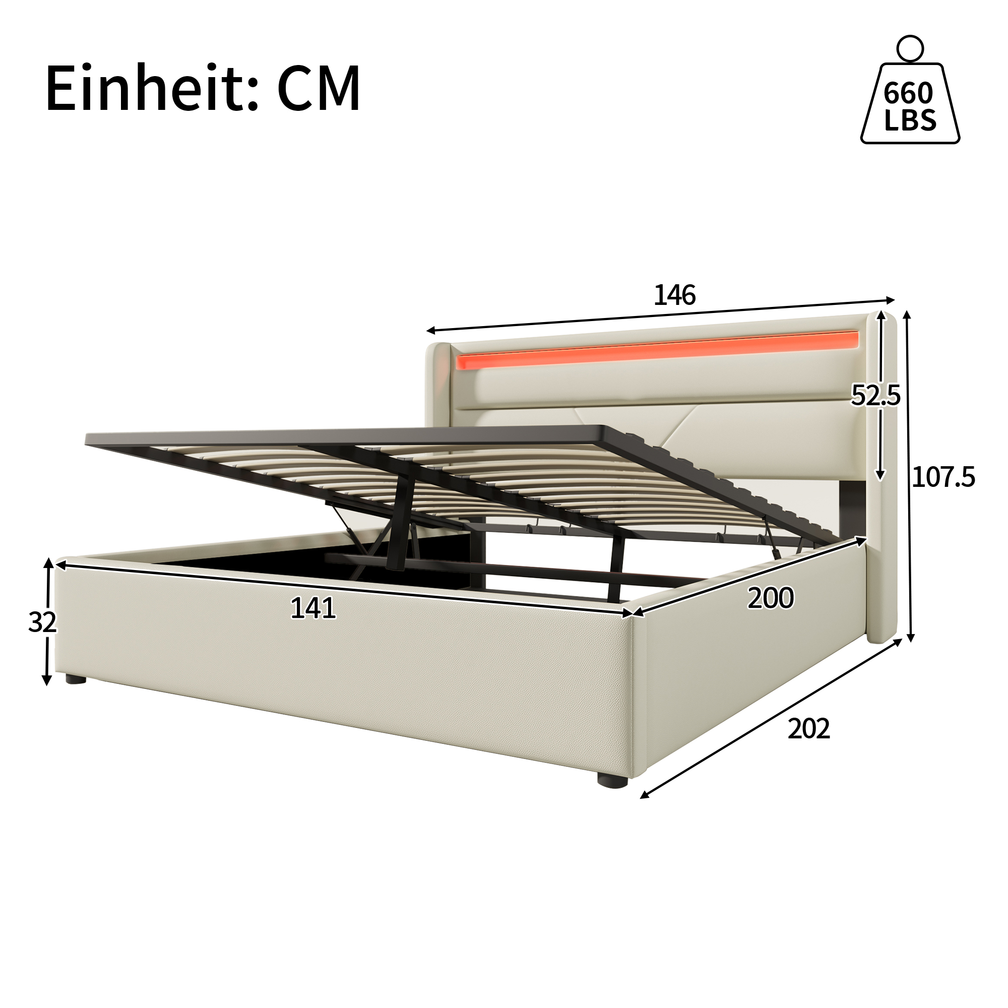 Logidon Hydraulisch Opbergbed Met LED Verlichting 140x200 Wit