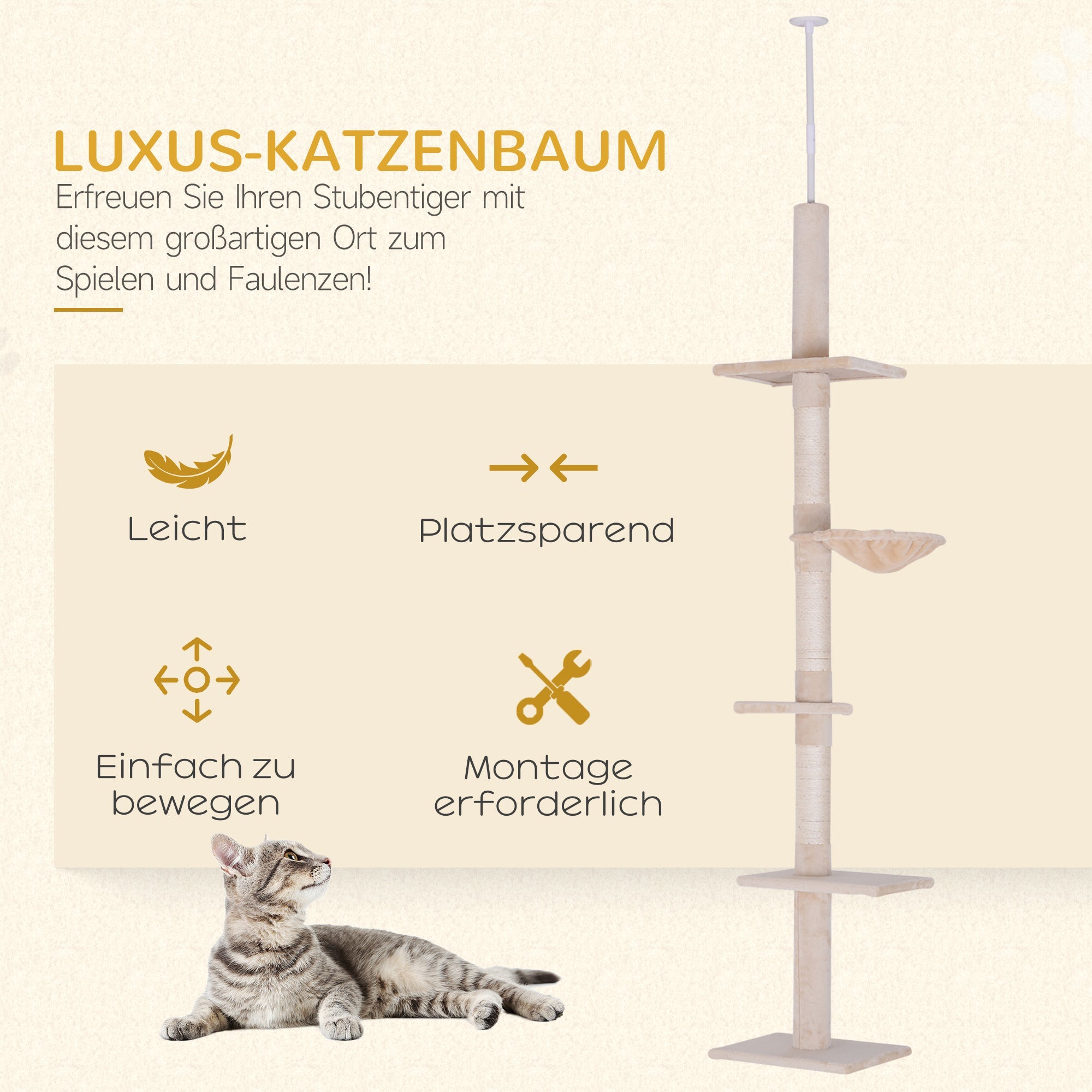Logidon Plafondhoge Verstelbare Kattenkrabpaal 230-260 cm Beige