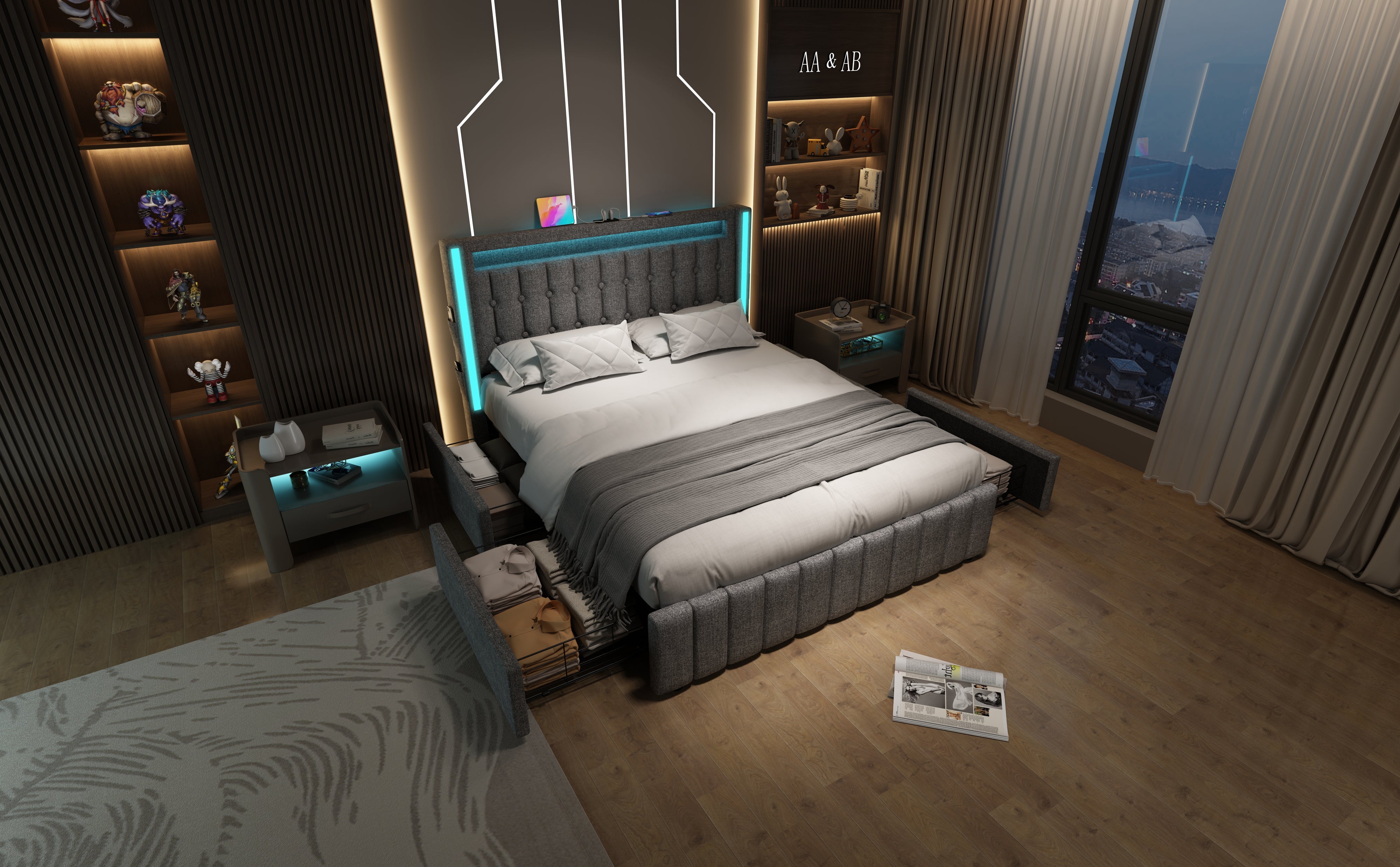 Logidon upholstered bed 140x200 gray USB Type C charging function 4 drawers
