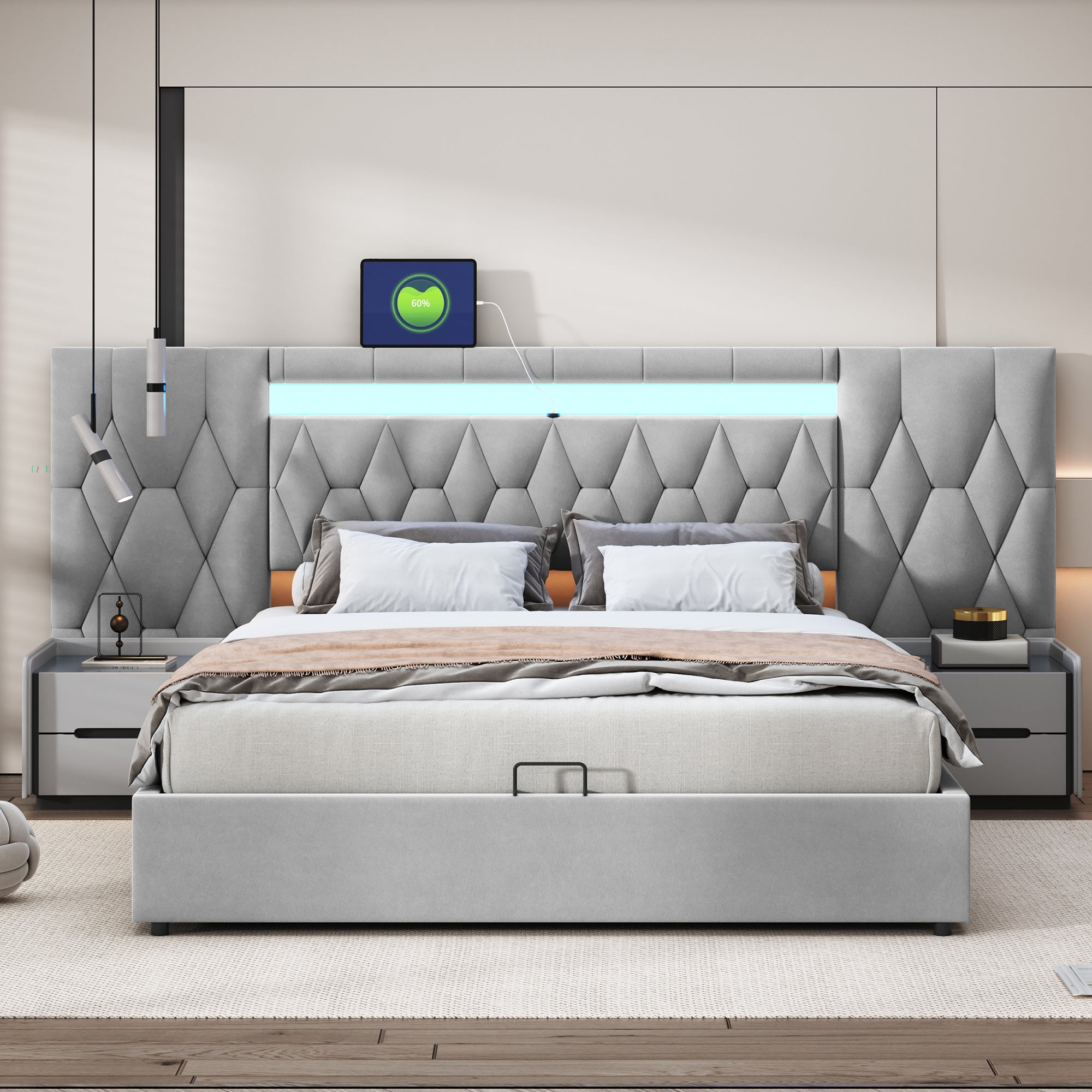 Logidon Elegant gestoffeerd bed 160x200 grijs met LED en USB opbergruimte