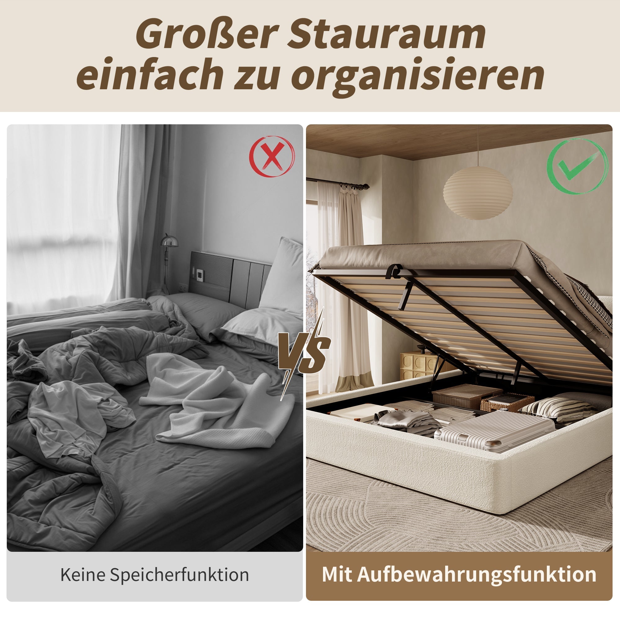 Logidon gestoffeerd bed 180x200 beige bouclé met opbergruimte hydraulische lift