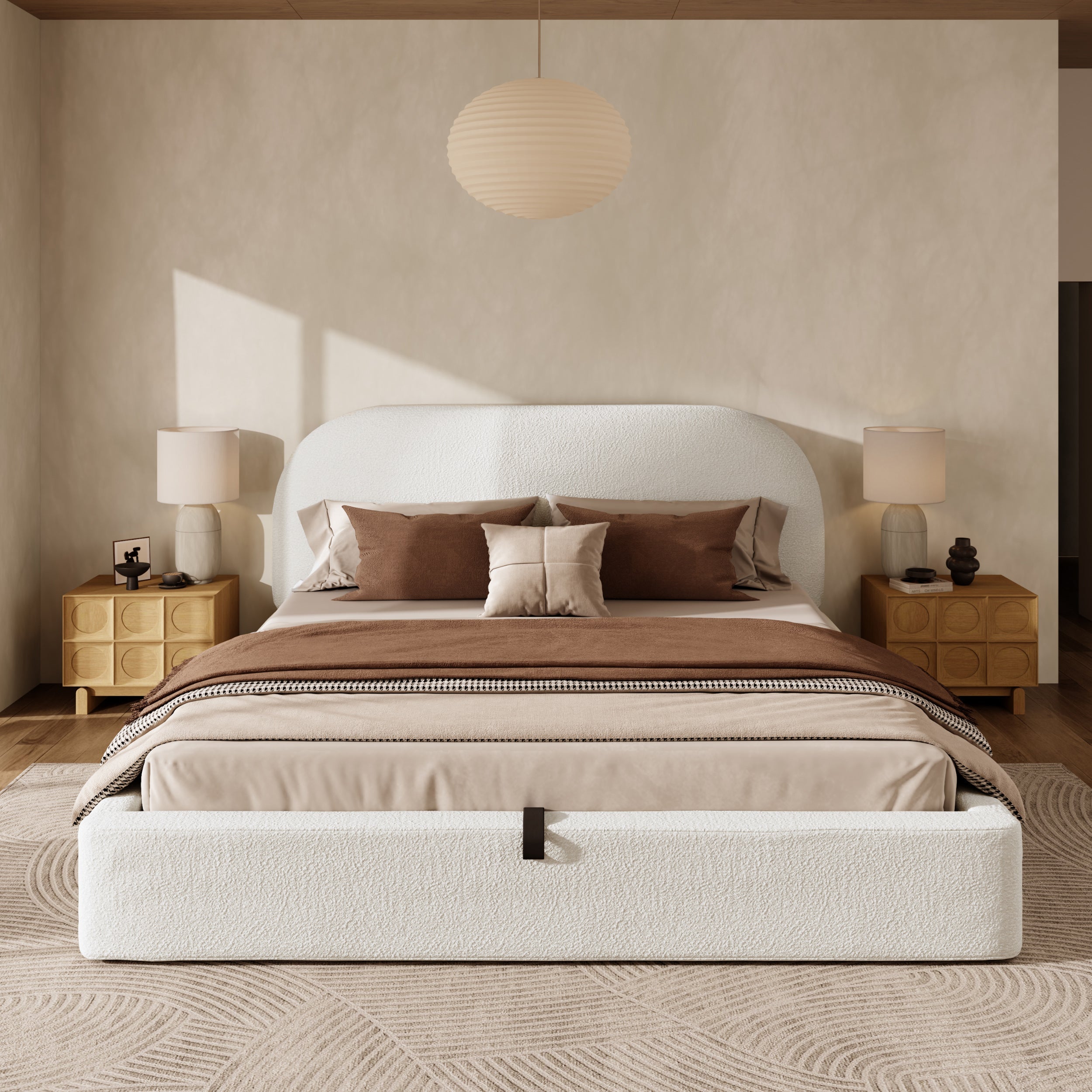 Logidon gestoffeerd bed 180x200 beige bouclé met opbergruimte hydraulische lift