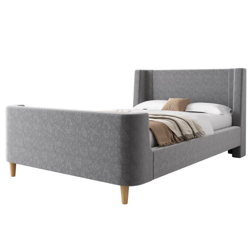 Logidon kinderbed gestoffeerd bed 90x200 grijs fluweel kosmisch patroon