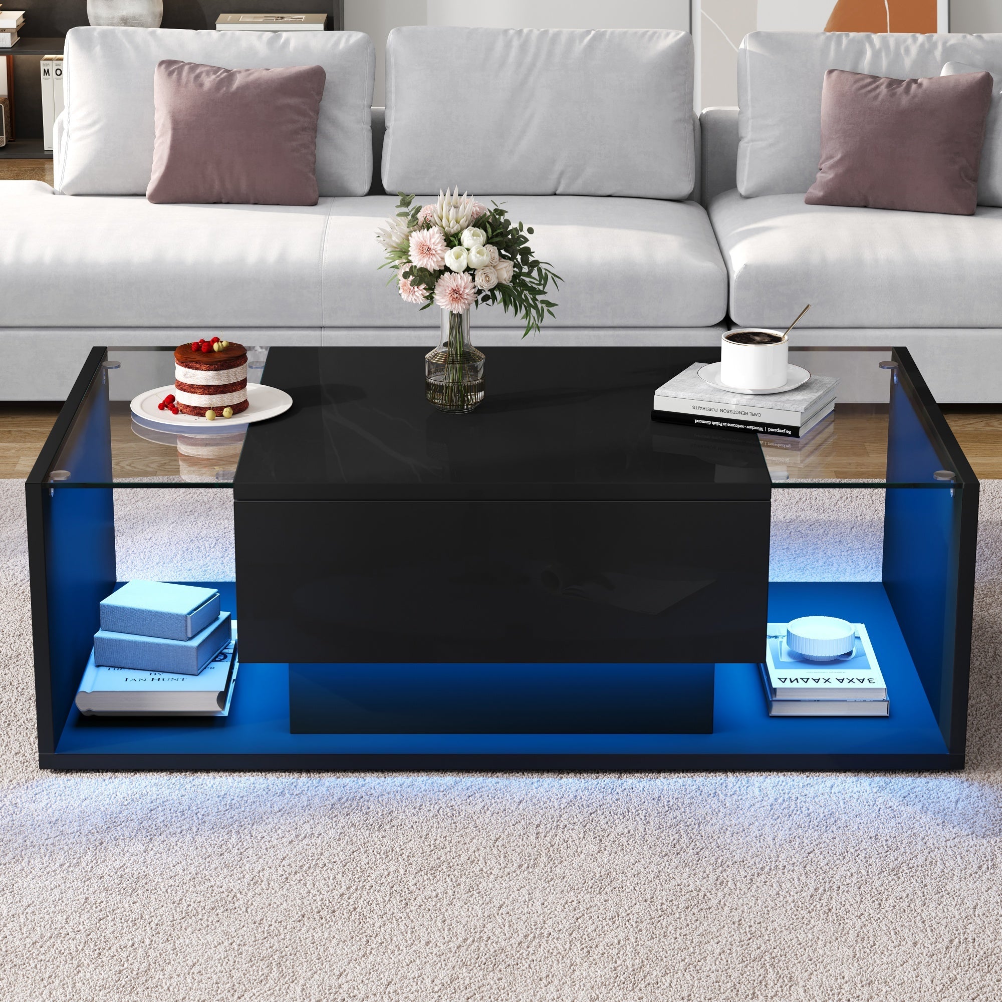 Logidon Zwarte hoogglans salontafel 100x50x31 cm met lade LED lichtstrip