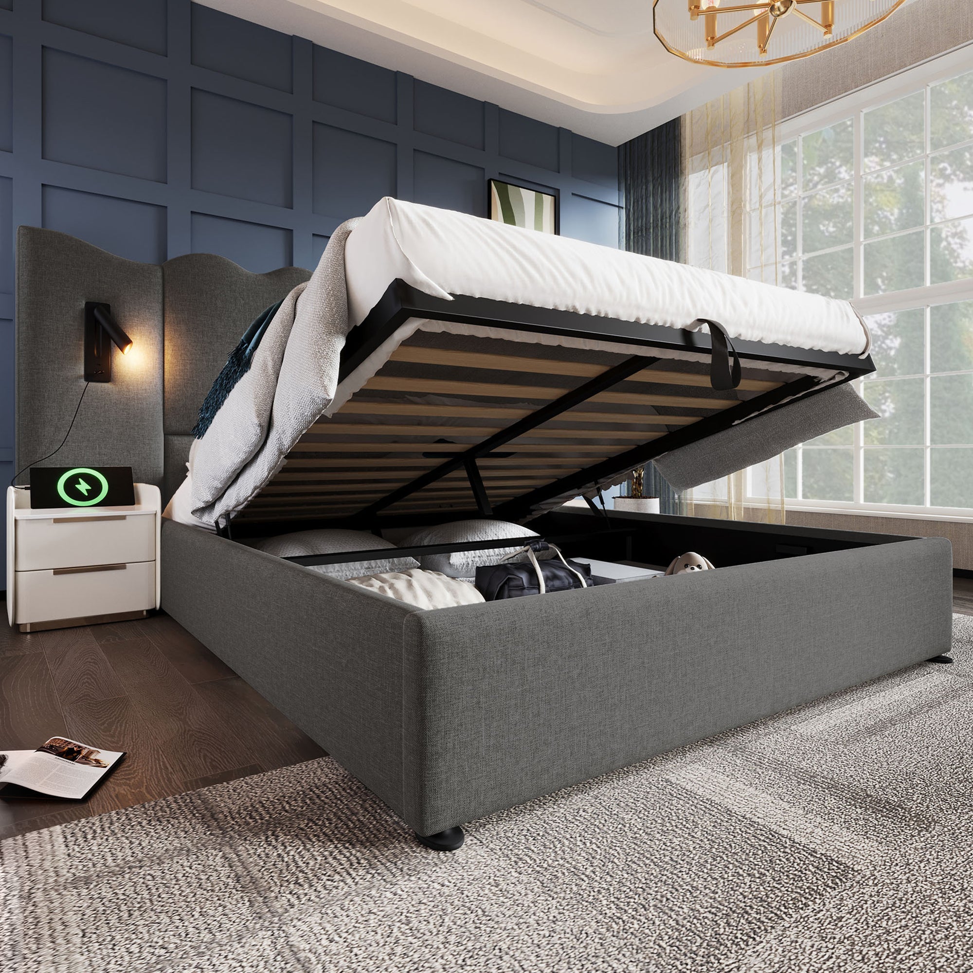 Logidon gestoffeerd bed 160x200 grijs linnen met USB Type C oplaadfunctie