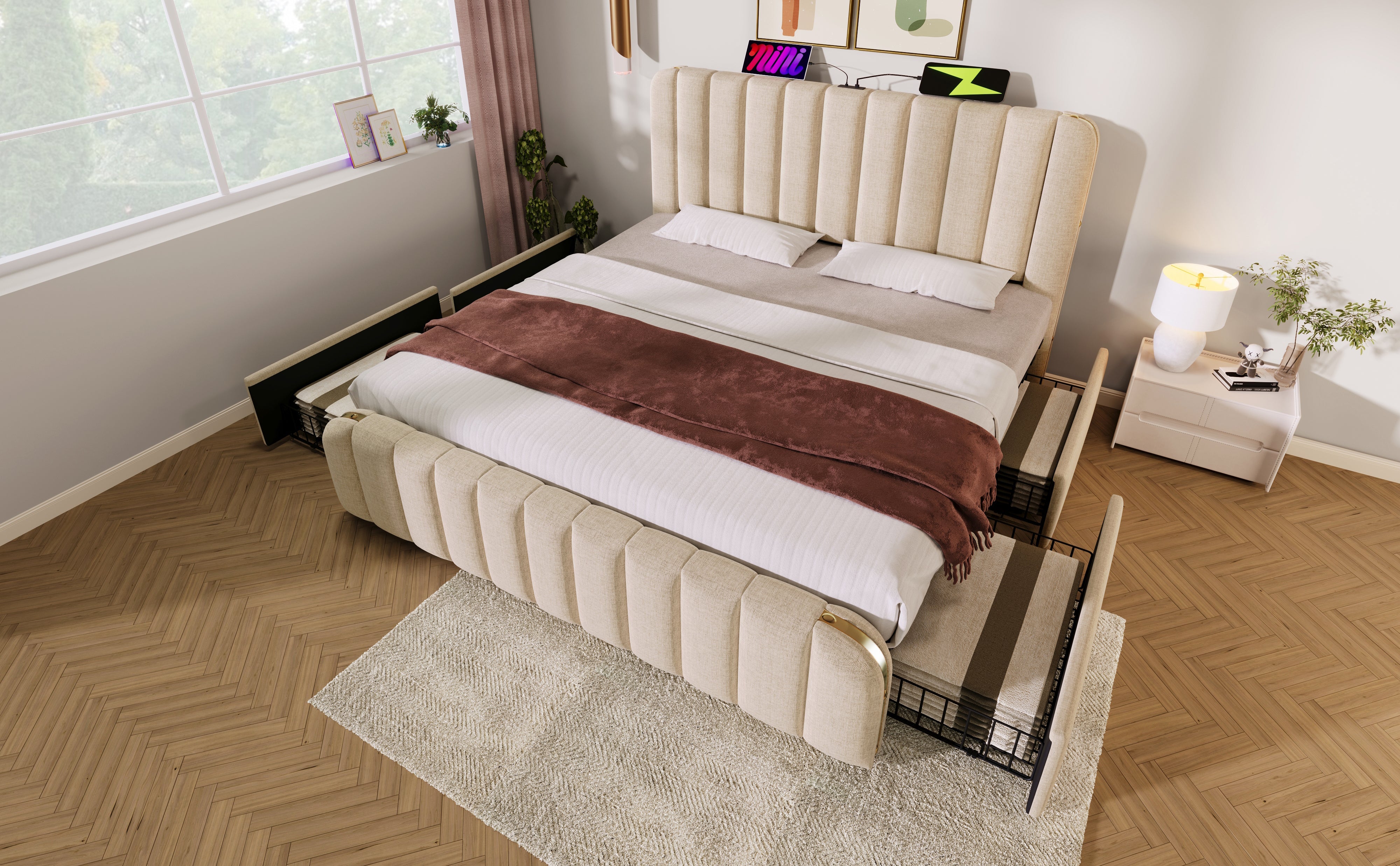 Logidon upholstered bed beige linen with USB Type C charging function 180x200 cm