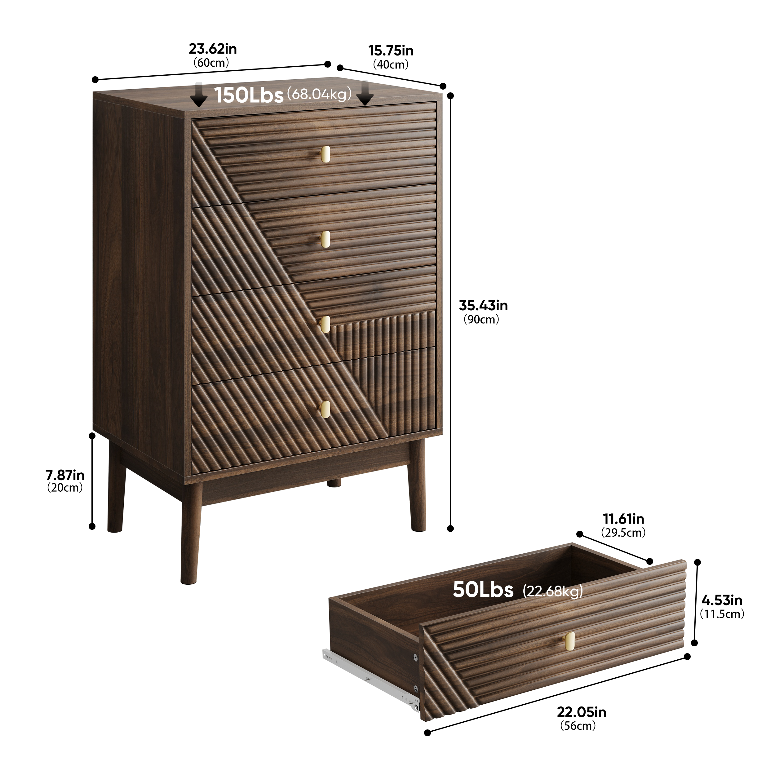 Logidon Notenhouten ladekast 60x40x90 cm met 4 lades